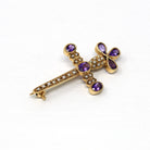 Sale - Genuine Amethyst Brooch - Retro 14k Yellow Gold Seed Pearl Cross Sword Pin - Vintage Circa 1960s Statement Fashion Accessory Jewelry