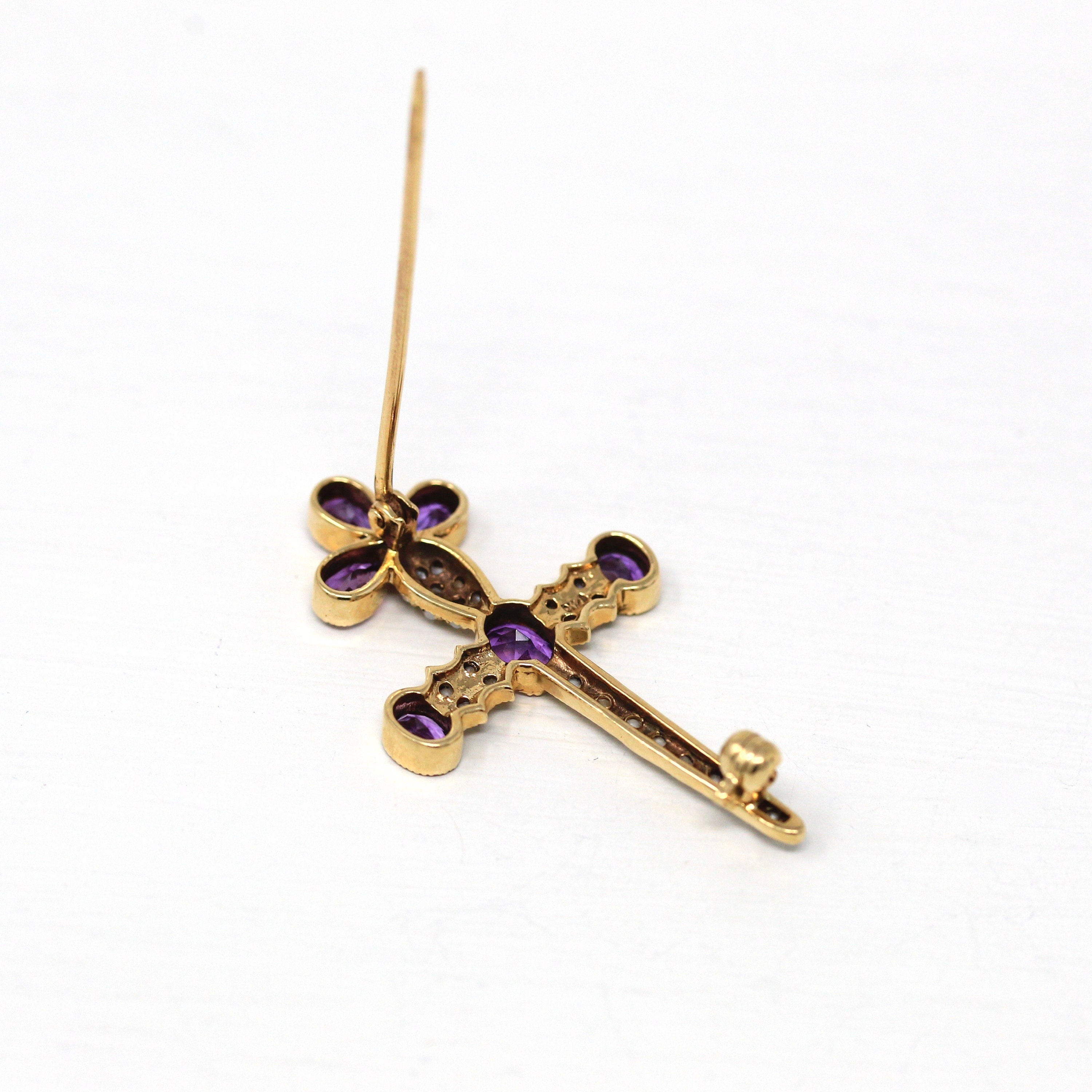 Sale - Genuine Amethyst Brooch - Retro 14k Yellow Gold Seed Pearl Cross Sword Pin - Vintage Circa 1960s Statement Fashion Accessory Jewelry