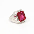 Sale - Created Ruby Ring - Vintage Art Deco Era 14k White Gold Large Pink Red Stone Statement - Circa 1930s Size 6.5 Fine Men's Fine Jewelry