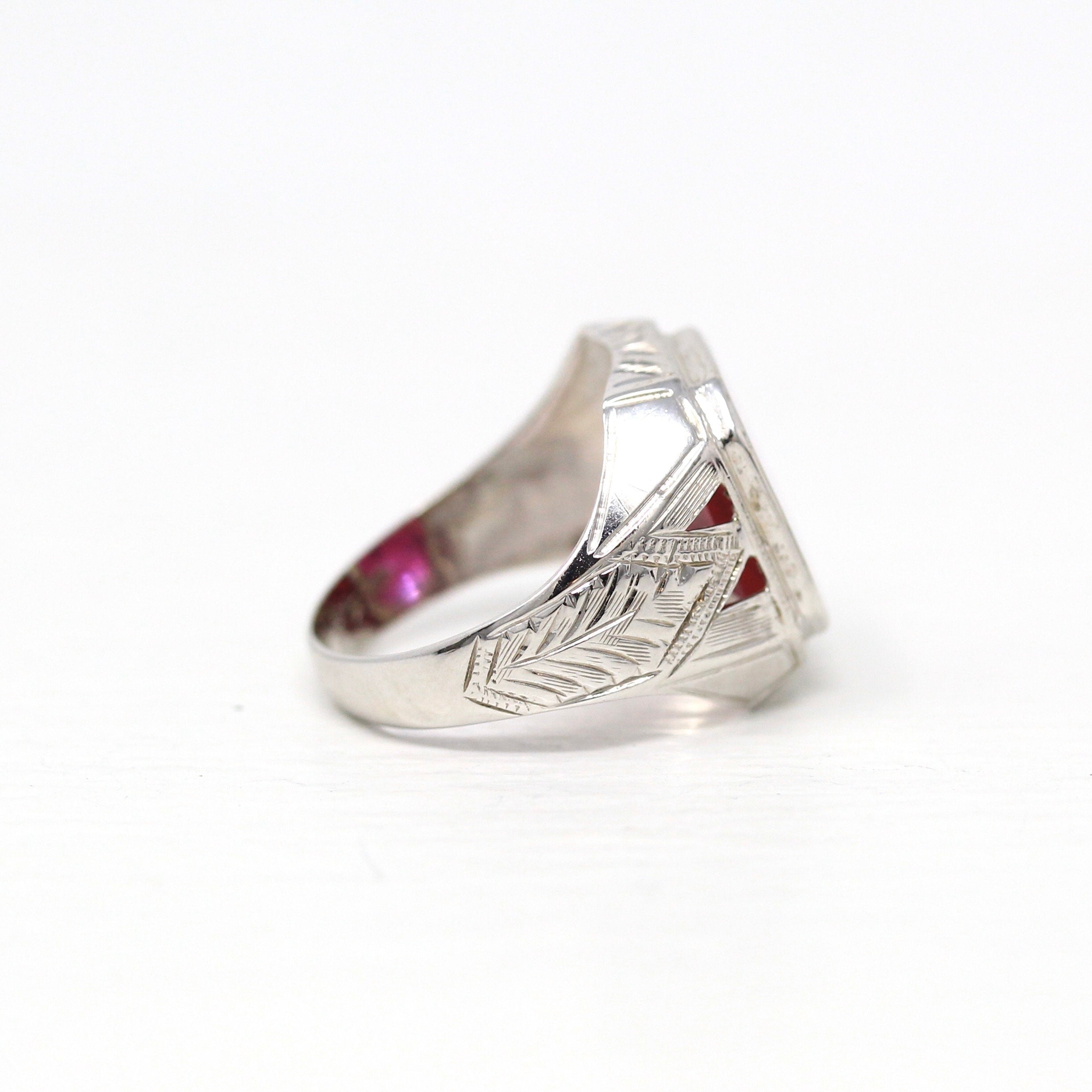 Sale - Created Ruby Ring - Vintage Art Deco Era 14k White Gold Large Pink Red Stone Statement - Circa 1930s Size 6.5 Fine Men's Fine Jewelry