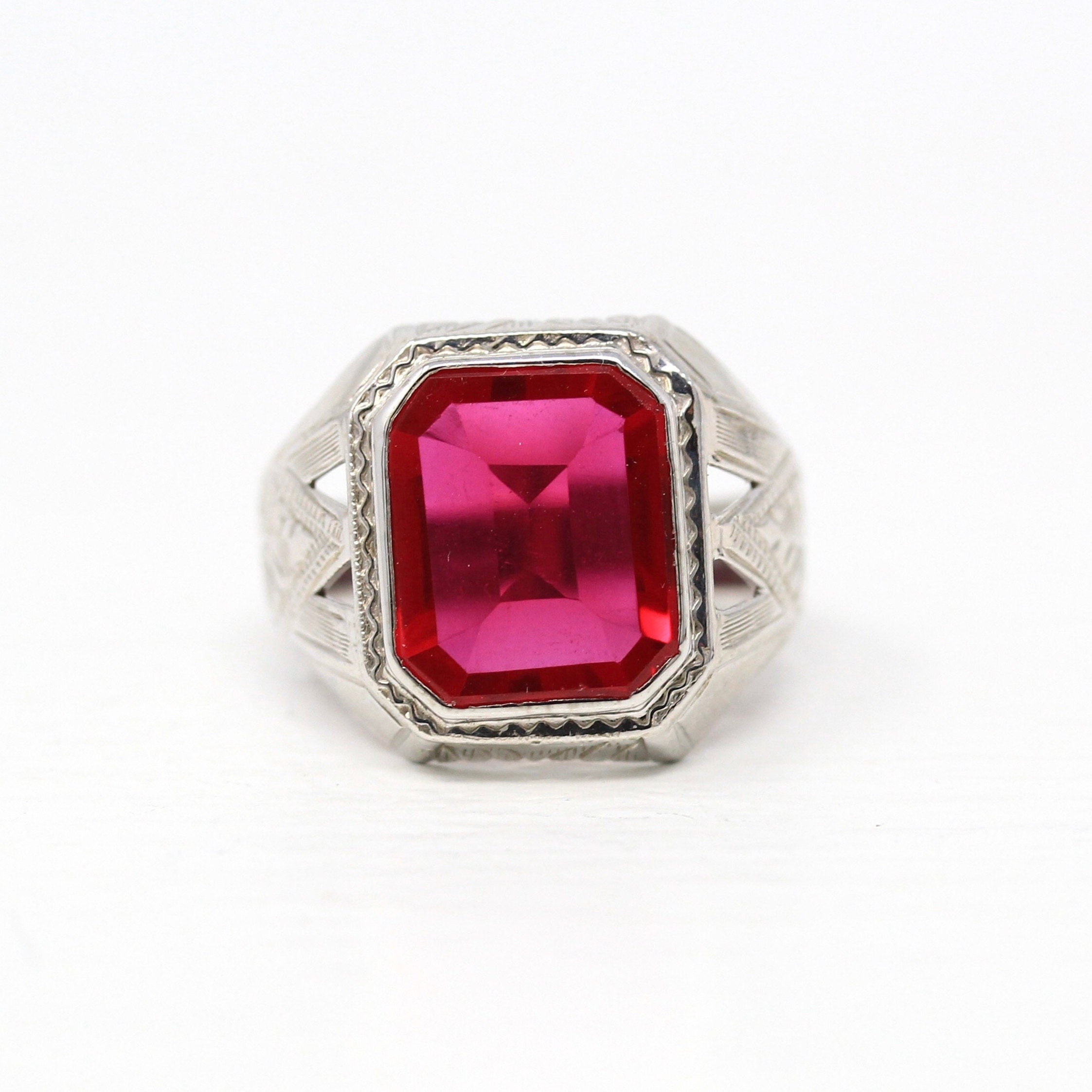 Sale - Created Ruby Ring - Vintage Art Deco Era 14k White Gold Large Pink Red Stone Statement - Circa 1930s Size 6.5 Fine Men's Fine Jewelry