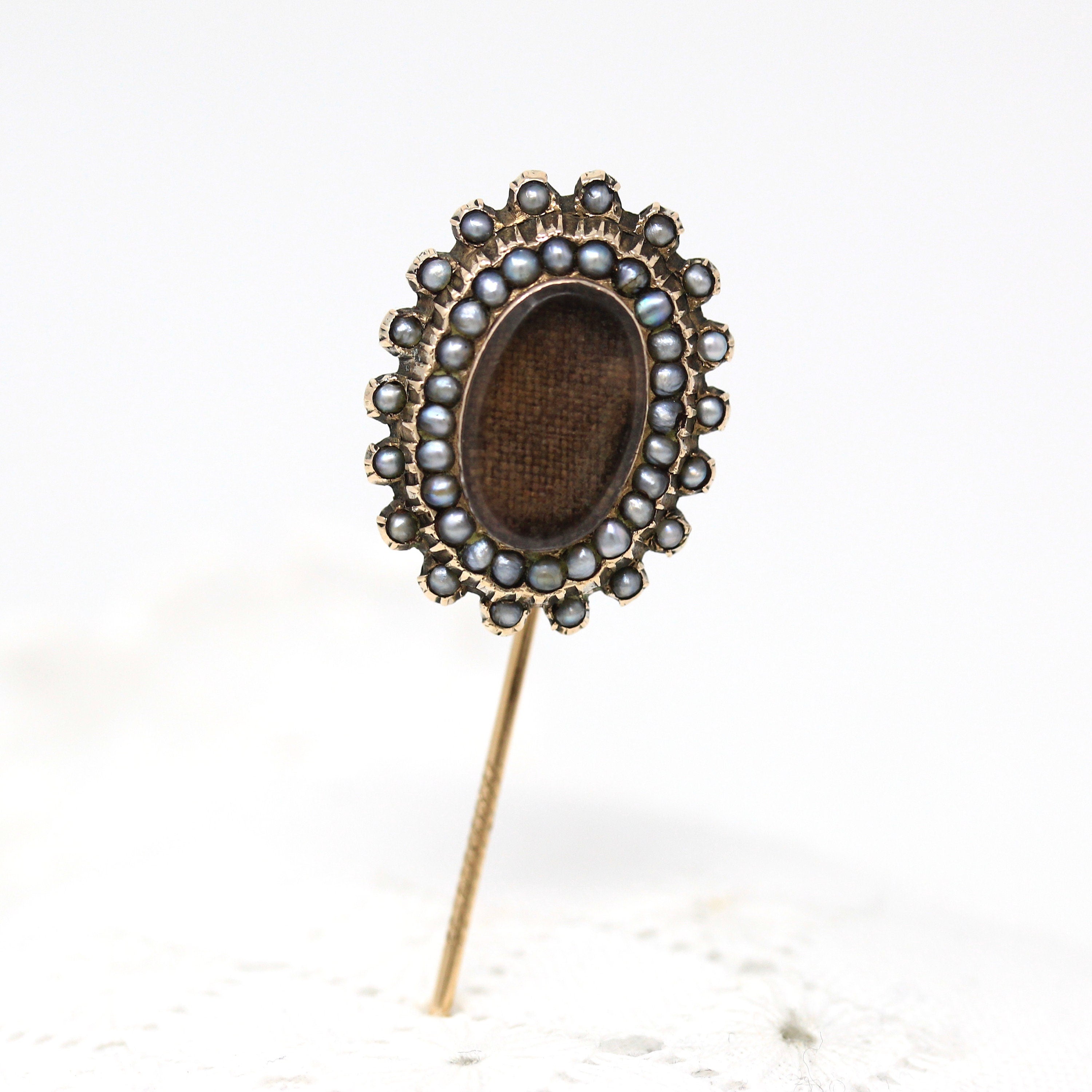 Antique Stick Pin - Victorian 10k Yellow Gold Seed Pearl Woven Brown Hair - Vintage Circa 1890s Era Fashion Accessory Fine Neckwear Jewelry