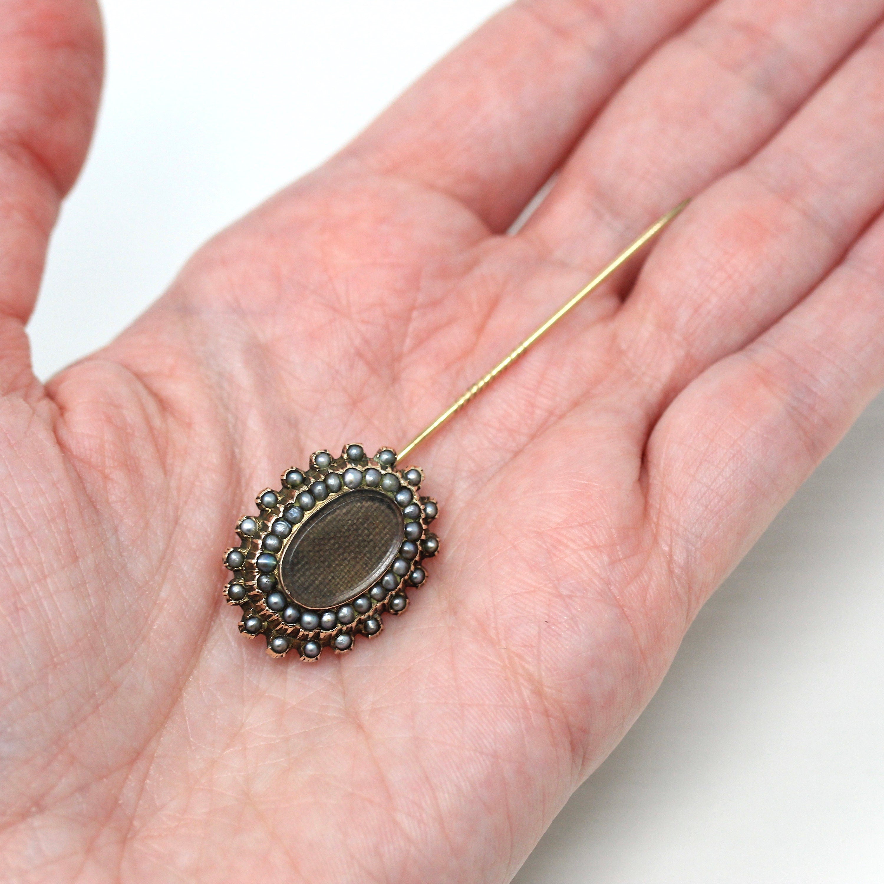 Antique Stick Pin - Victorian 10k Yellow Gold Seed Pearl Woven Brown Hair - Vintage Circa 1890s Era Fashion Accessory Fine Neckwear Jewelry