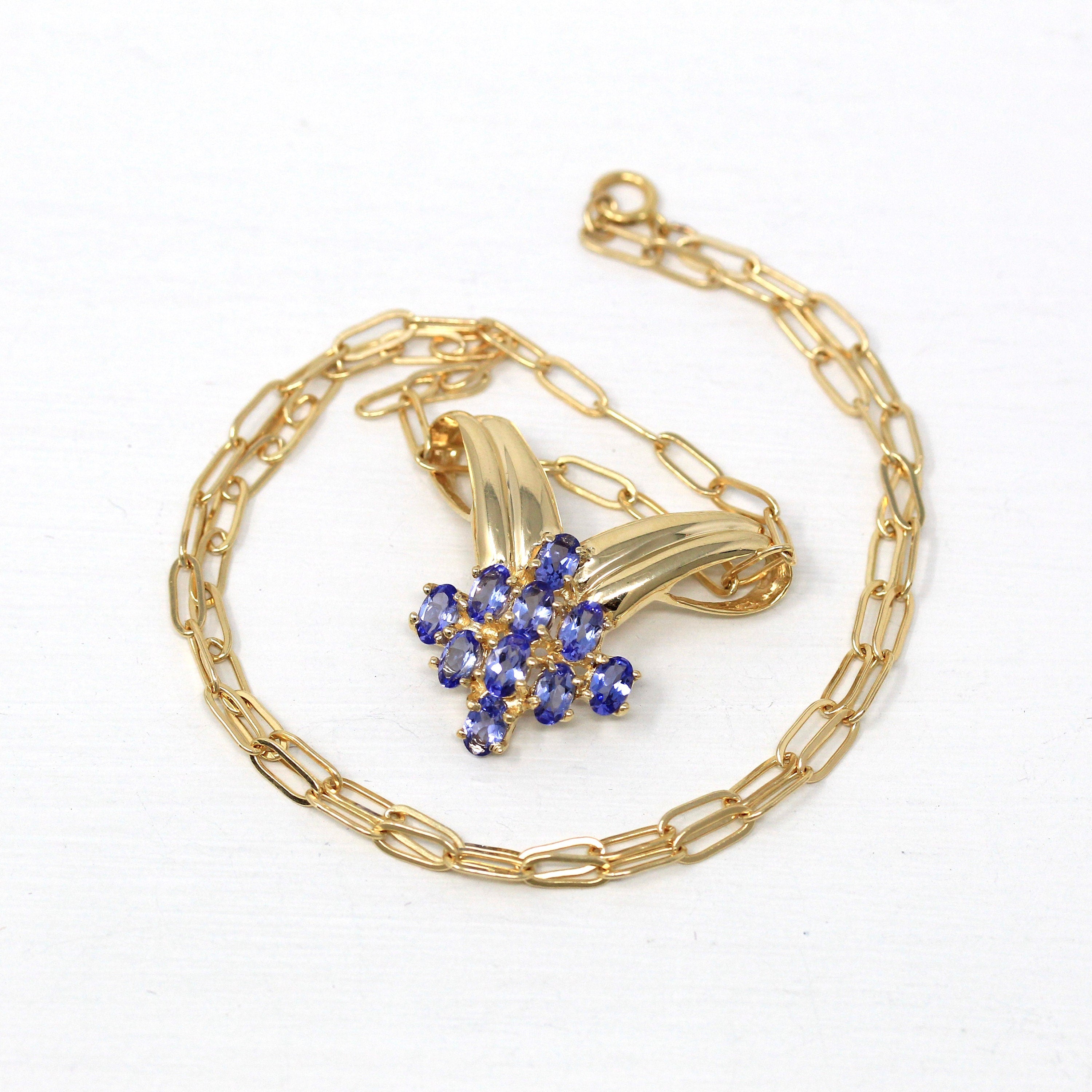 Genuine Tanzanite Charm - Estate 14k Yellow Gold Oval Faceted 2.10 CTW Gemstones Pendant - Modern Circa 1990s Era Statement Fine 90s Jewelry