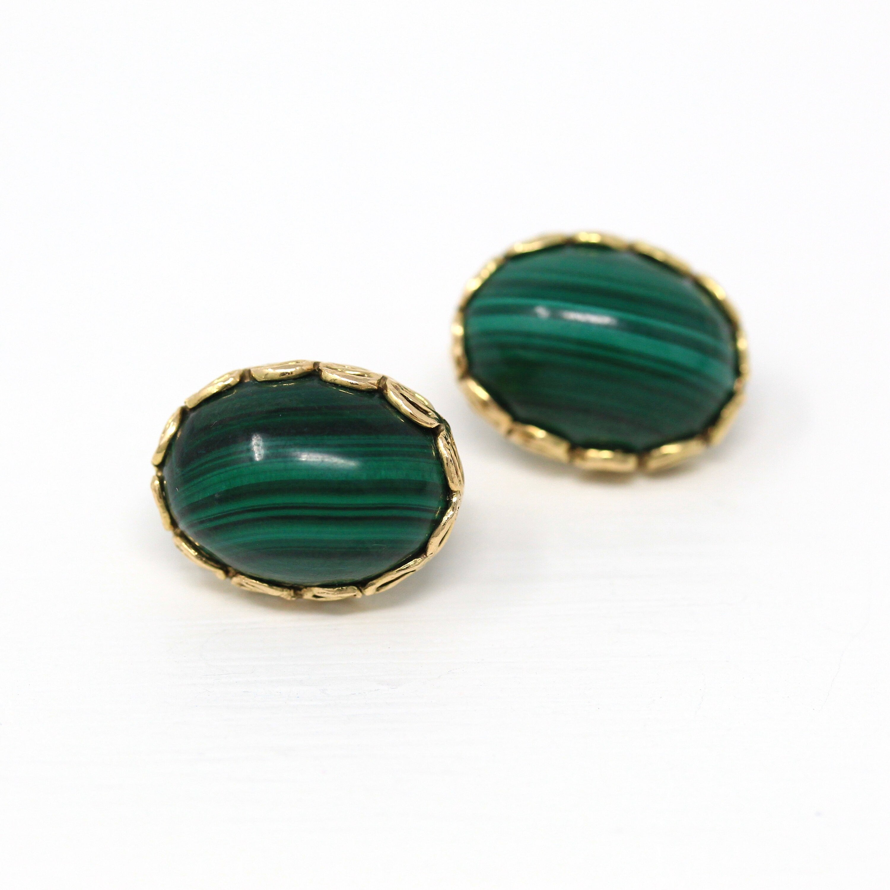 Sale - Gold Malachite Earrings - Vintage 14k Yellow Gold Genuine Green Gemstone Cabochons - Circa 1980s Era Studs Fine Statement 80s Jewelry