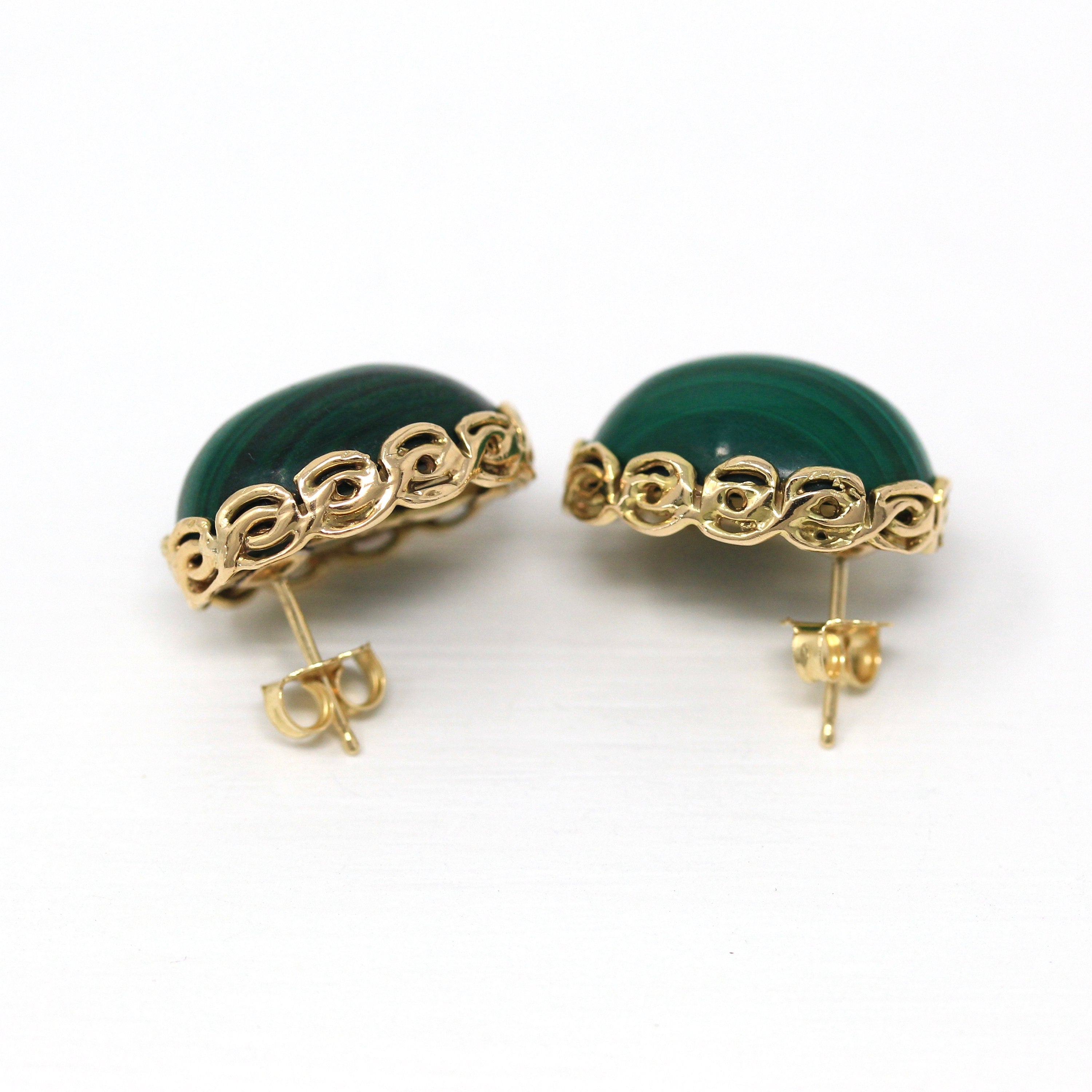 Sale - Gold Malachite Earrings - Vintage 14k Yellow Gold Genuine Green Gemstone Cabochons - Circa 1980s Era Studs Fine Statement 80s Jewelry