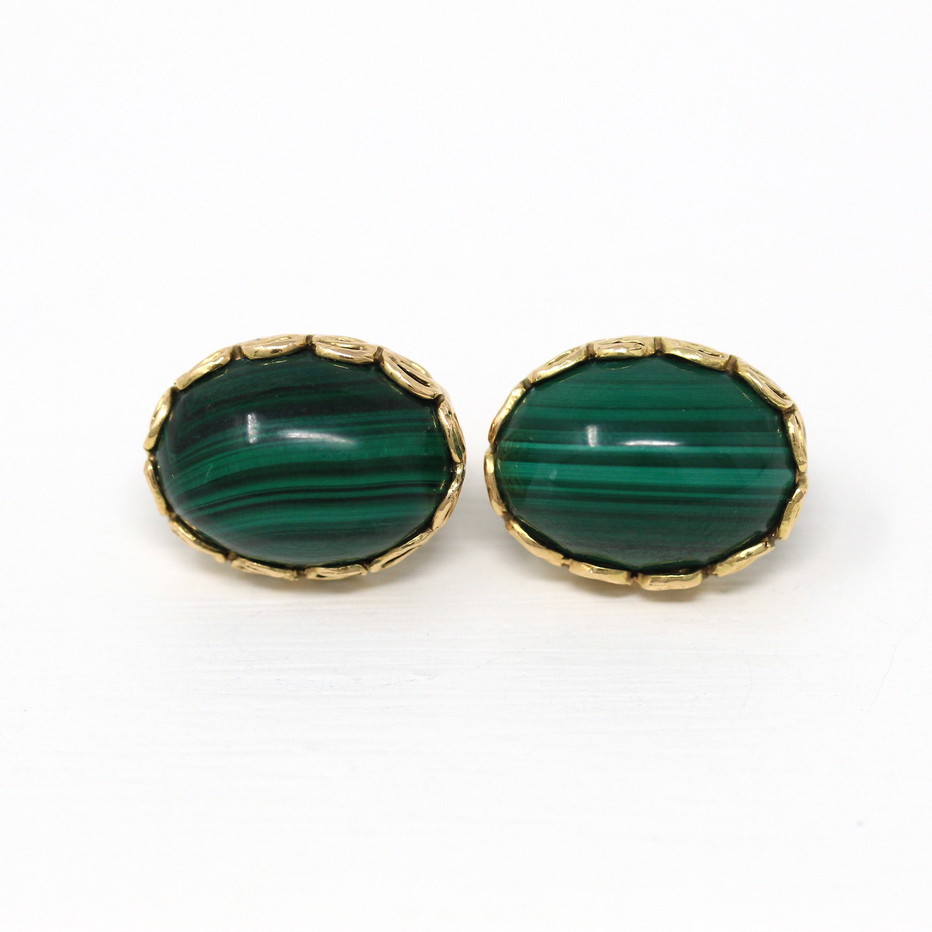 Sale - Gold Malachite Earrings - Vintage 14k Yellow Gold Genuine Green Gemstone Cabochons - Circa 1980s Era Studs Fine Statement 80s Jewelry