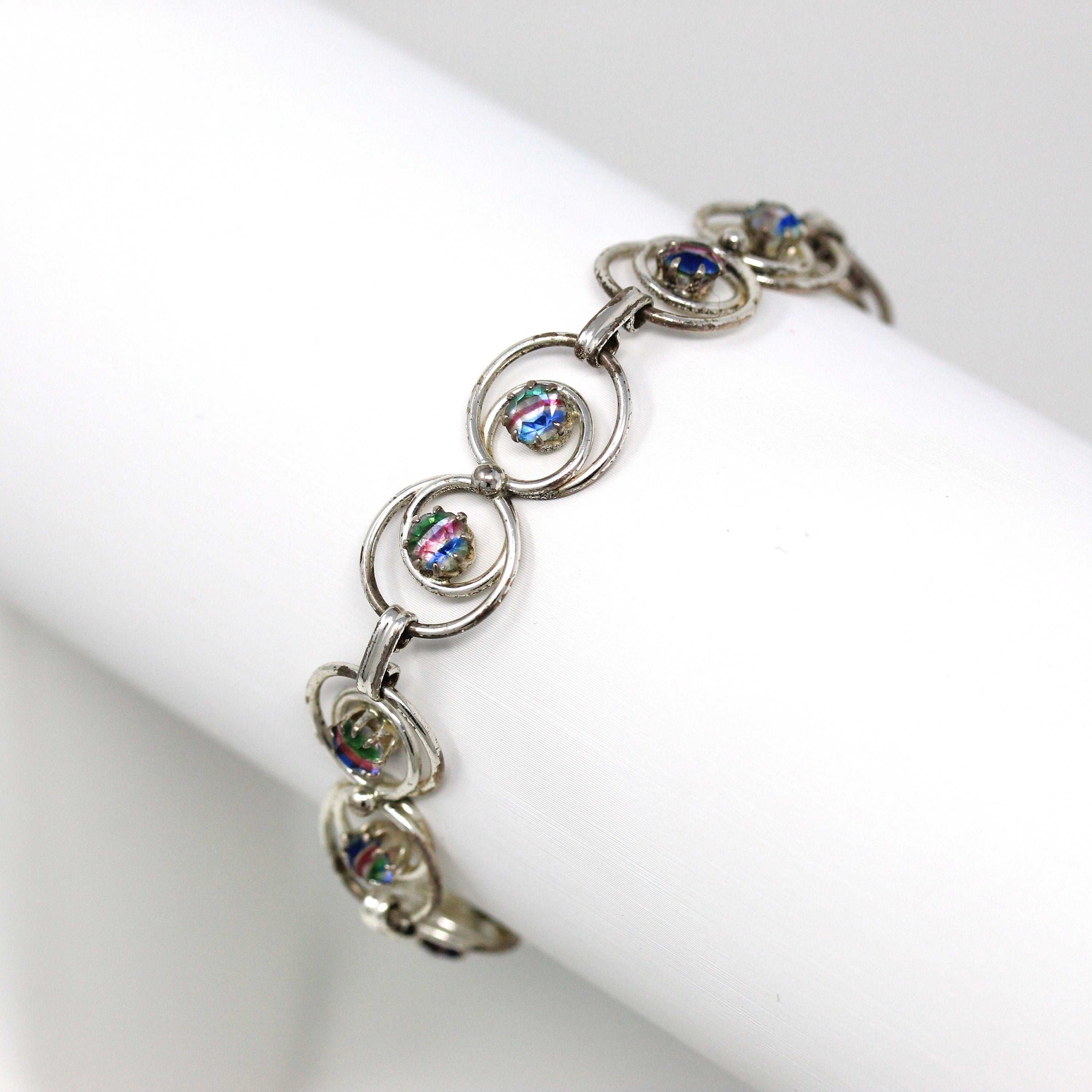 Vintage Iris Glass Bracelet - Retro Silver Tone Rainbow Art Glass Faceted Stones - Vintage Circa 1940s Era Fashion Accessory Jewelry