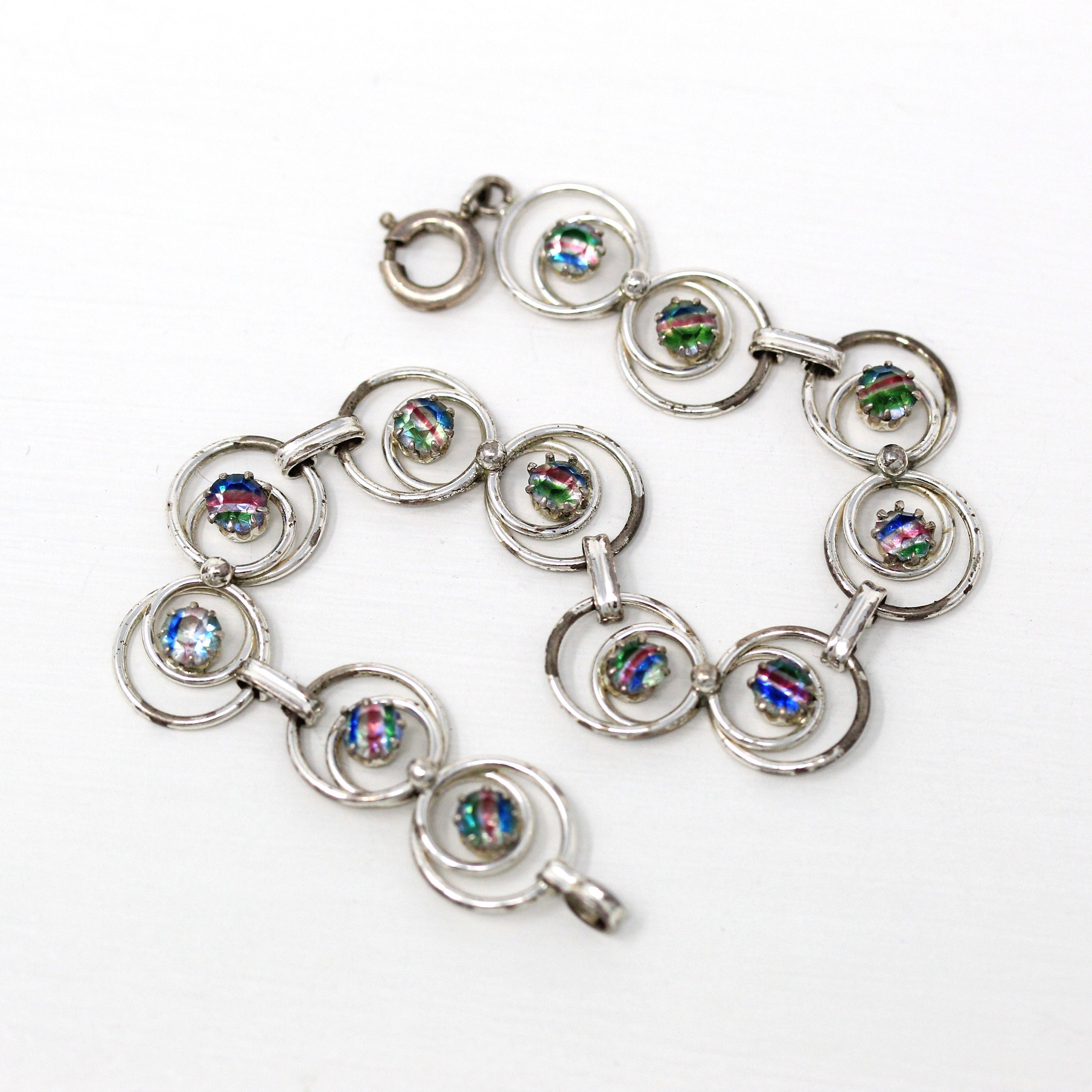 Vintage Iris Glass Bracelet - Retro Silver Tone Rainbow Art Glass Faceted Stones - Vintage Circa 1940s Era Fashion Accessory Jewelry