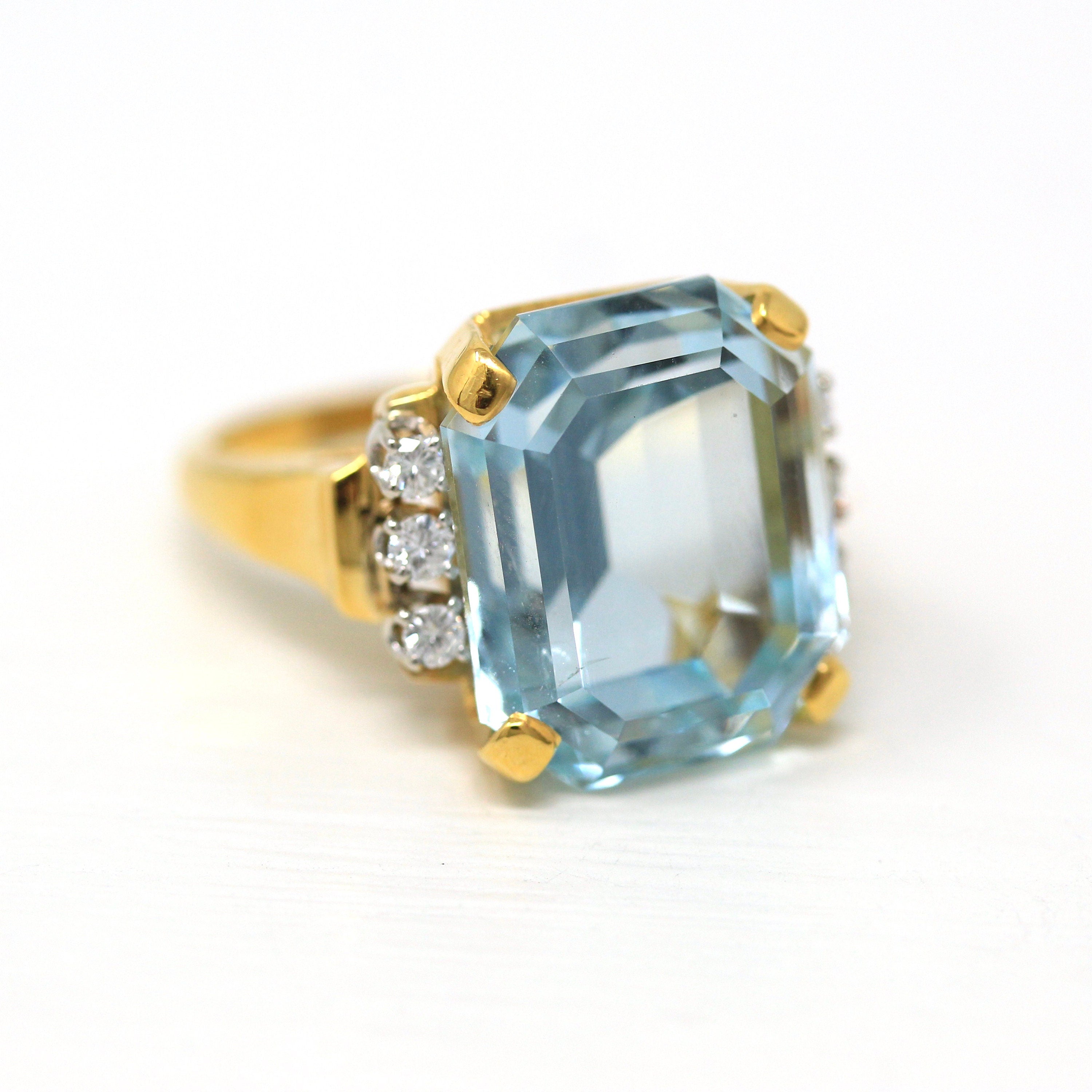 Sale - Aquamarine & Diamond Ring - Estate 14k Yellow Gold Emerald Cut 16.07 CT Blue Gem - Modern Size 6 3/4 Diamond Fine Cocktail Jewelry