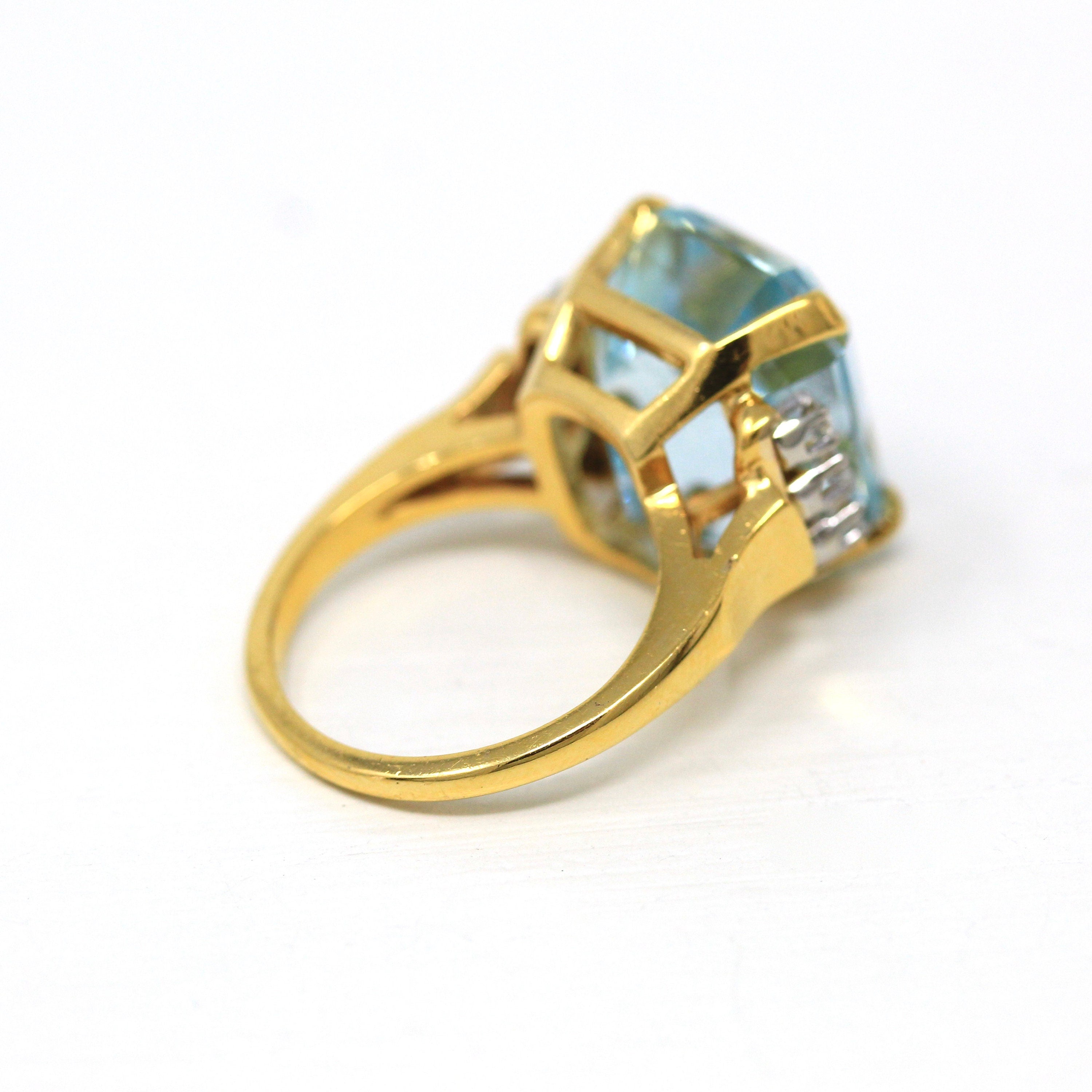 Sale - Aquamarine & Diamond Ring - Estate 14k Yellow Gold Emerald Cut 16.07 CT Blue Gem - Modern Size 6 3/4 Diamond Fine Cocktail Jewelry