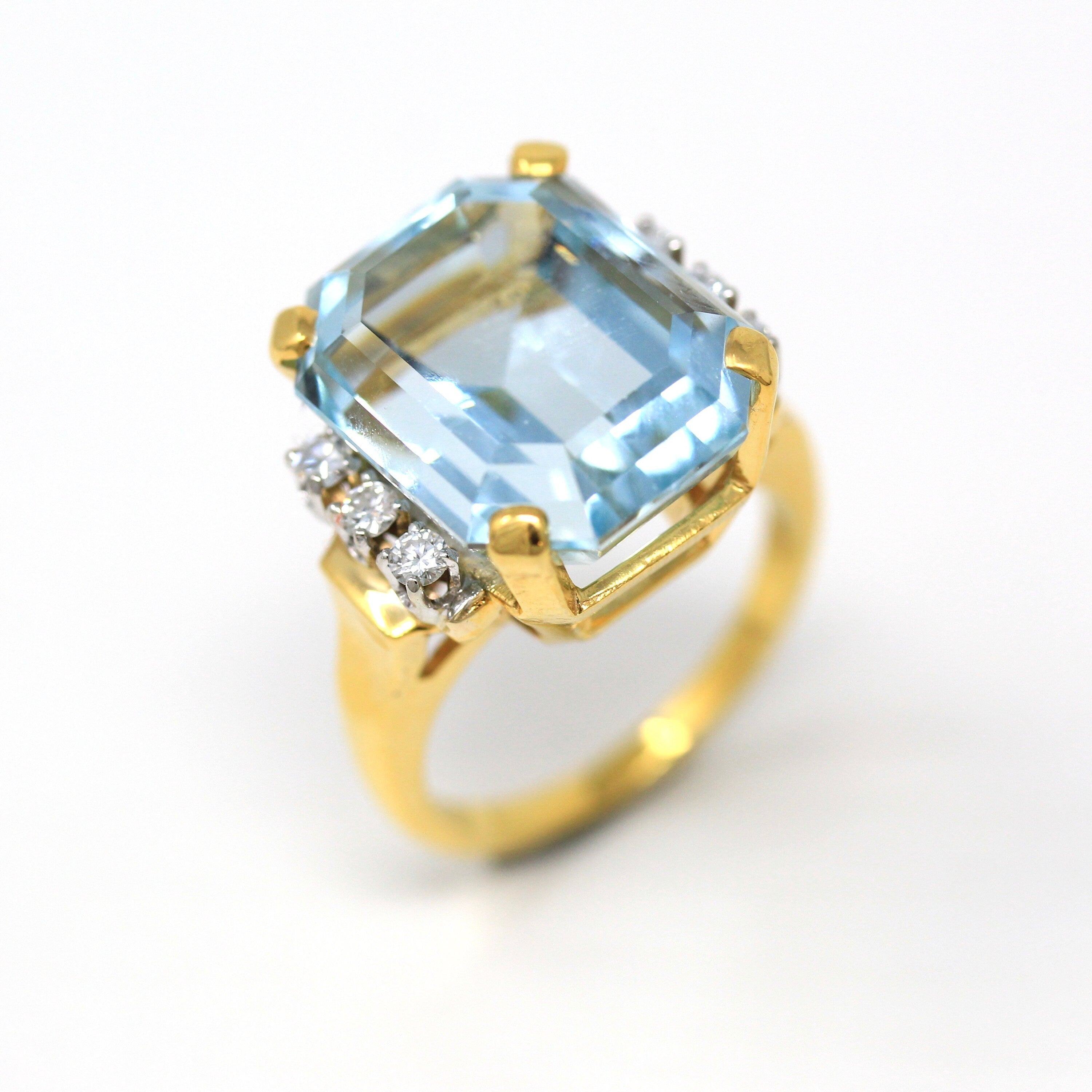 Sale - Aquamarine & Diamond Ring - Estate 14k Yellow Gold Emerald Cut 16.07 CT Blue Gem - Modern Size 6 3/4 Diamond Fine Cocktail Jewelry