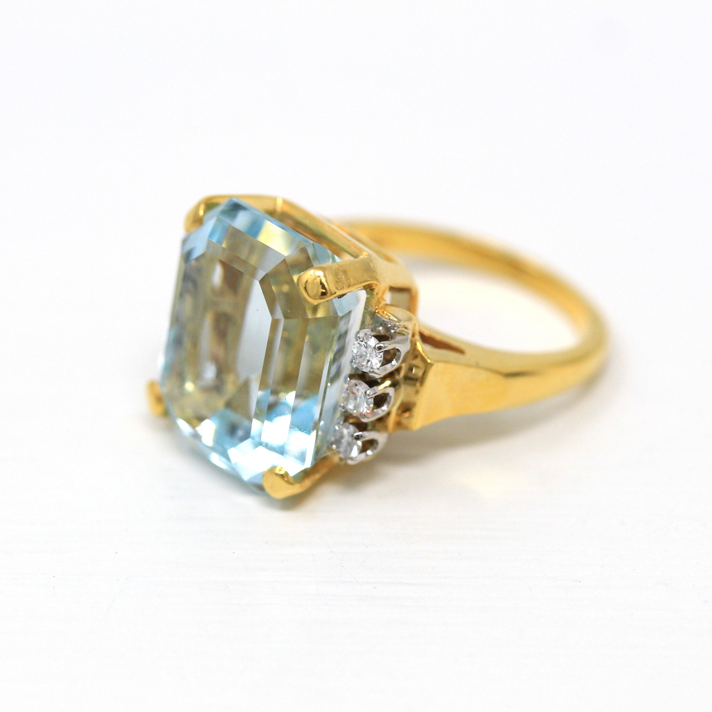 Sale - Aquamarine & Diamond Ring - Estate 14k Yellow Gold Emerald Cut 16.07 CT Blue Gem - Modern Size 6 3/4 Diamond Fine Cocktail Jewelry