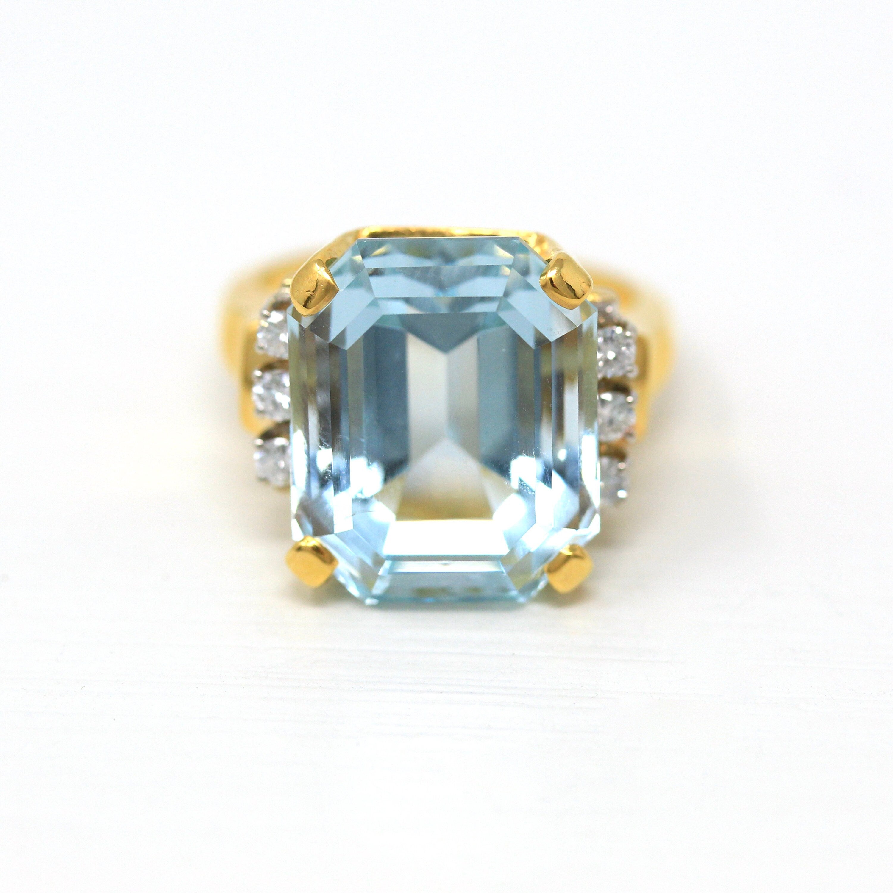 Sale - Aquamarine & Diamond Ring - Estate 14k Yellow Gold Emerald Cut 16.07 CT Blue Gem - Modern Size 6 3/4 Diamond Fine Cocktail Jewelry