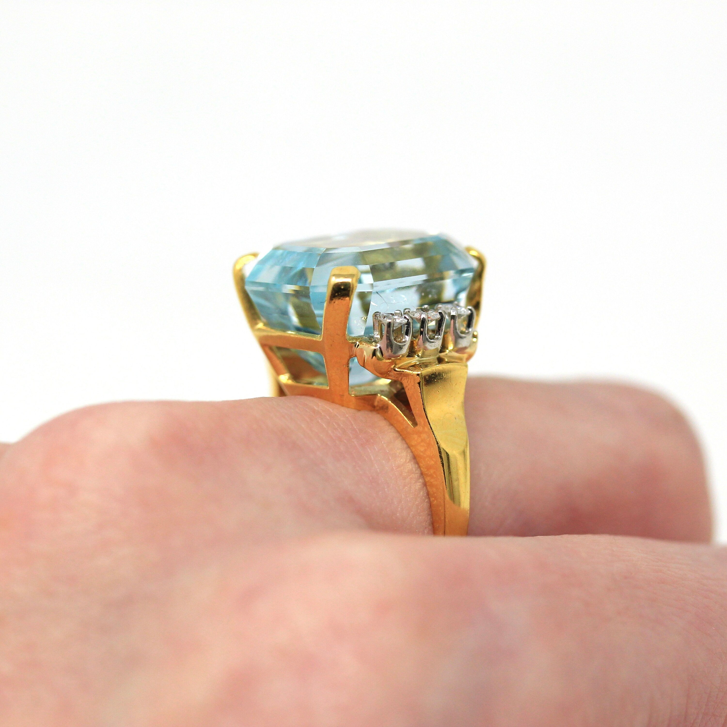 Sale - Aquamarine & Diamond Ring - Estate 14k Yellow Gold Emerald Cut 16.07 CT Blue Gem - Modern Size 6 3/4 Diamond Fine Cocktail Jewelry