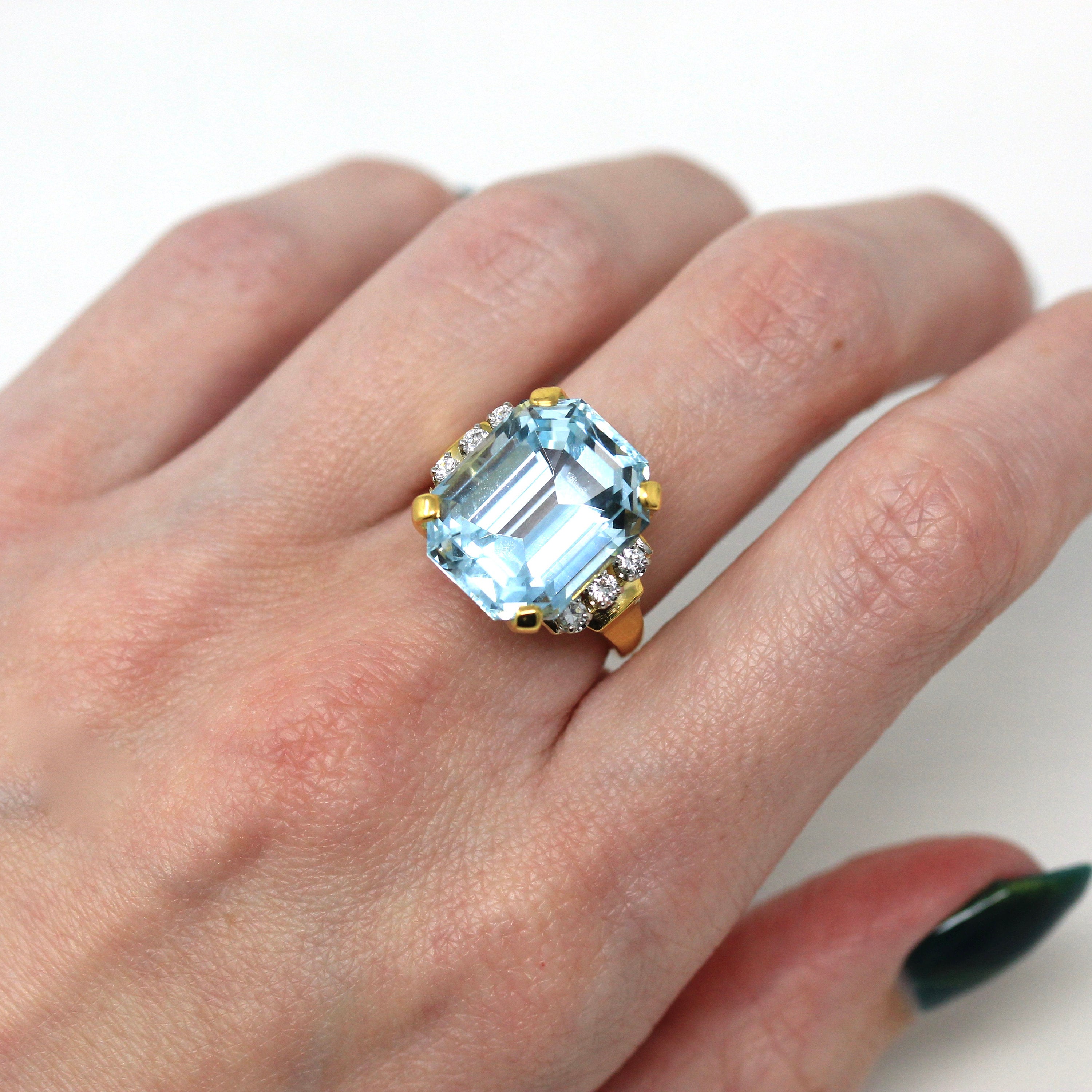 Sale - Aquamarine & Diamond Ring - Estate 14k Yellow Gold Emerald Cut 16.07 CT Blue Gem - Modern Size 6 3/4 Diamond Fine Cocktail Jewelry