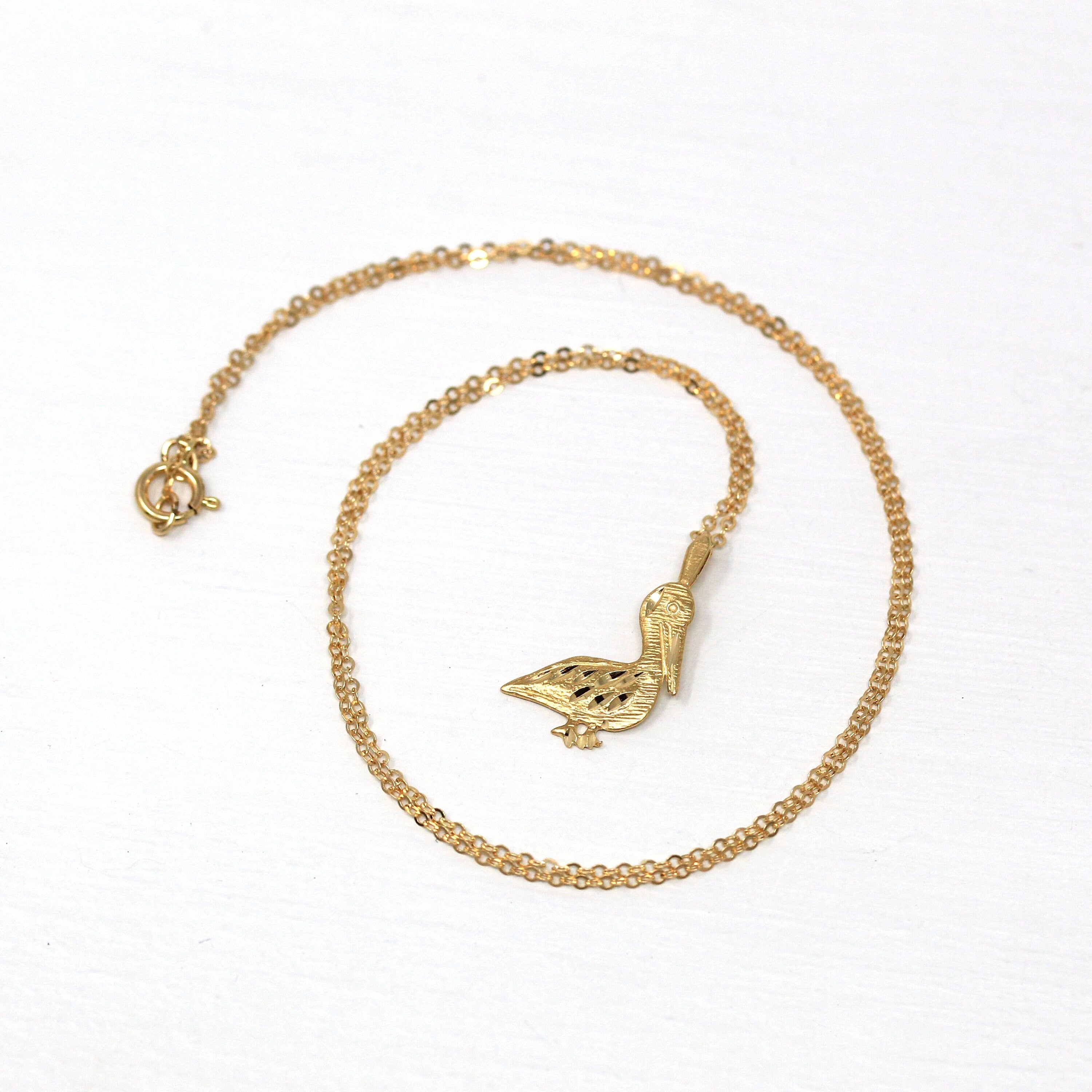 Modern Pelican Charm - Estate 14k Yellow Gold Figural Diamond Cut Water Bird Pendant Necklace - Circa 2000s Era Michael Anthony Fine Jewelry