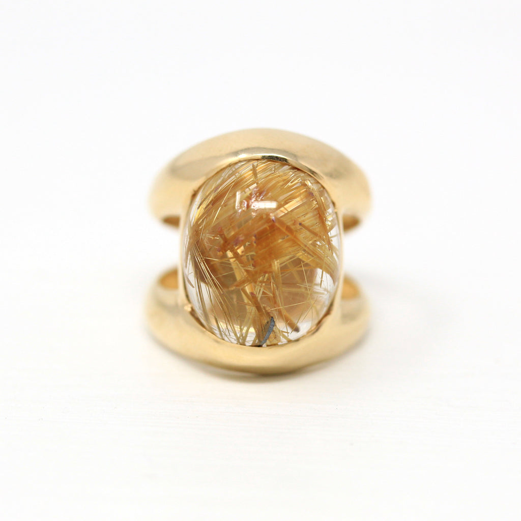 Rutilated Quartz Ring - Estate 14k Yellow Gold Oval Cabochon 9.76 CT Gemstone - Modern Circa 2000's Era Size 5 Statement Fine Y2K Jewelry