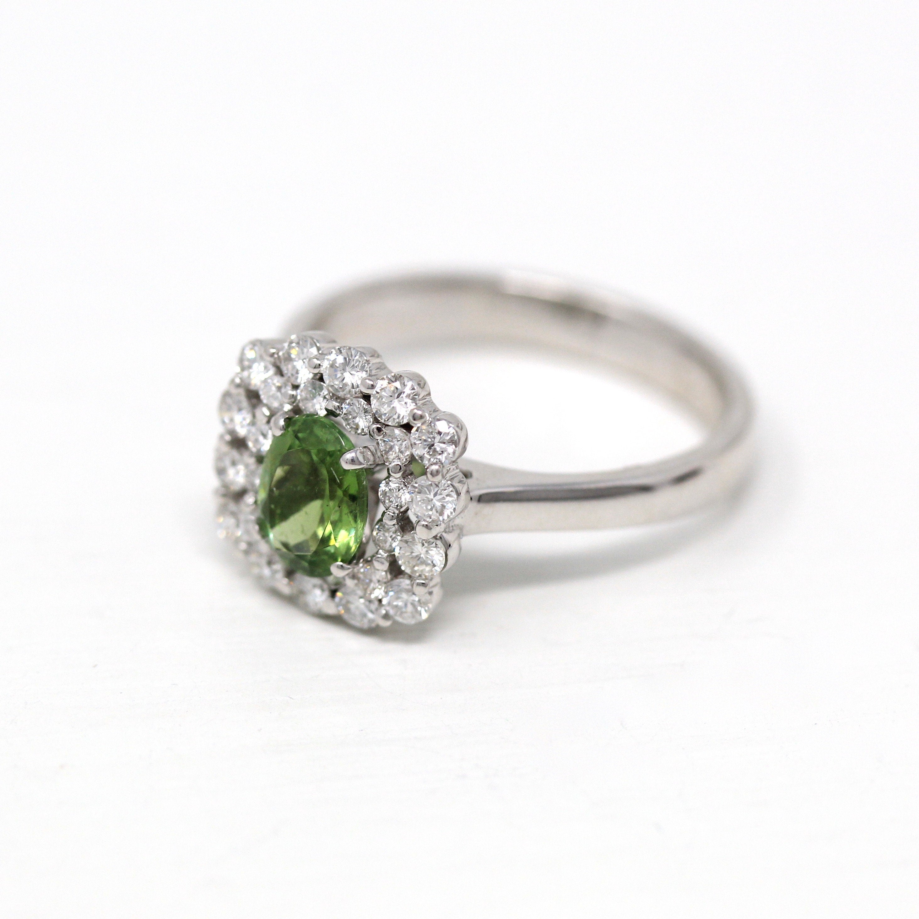 Sale - Green Tourmaline Ring - Modern 14k White Gold Oval Faceted .63 CT Genuine Gem - Estate Circa 2000's Era Size 7.5 Diamond Halo Jewelry