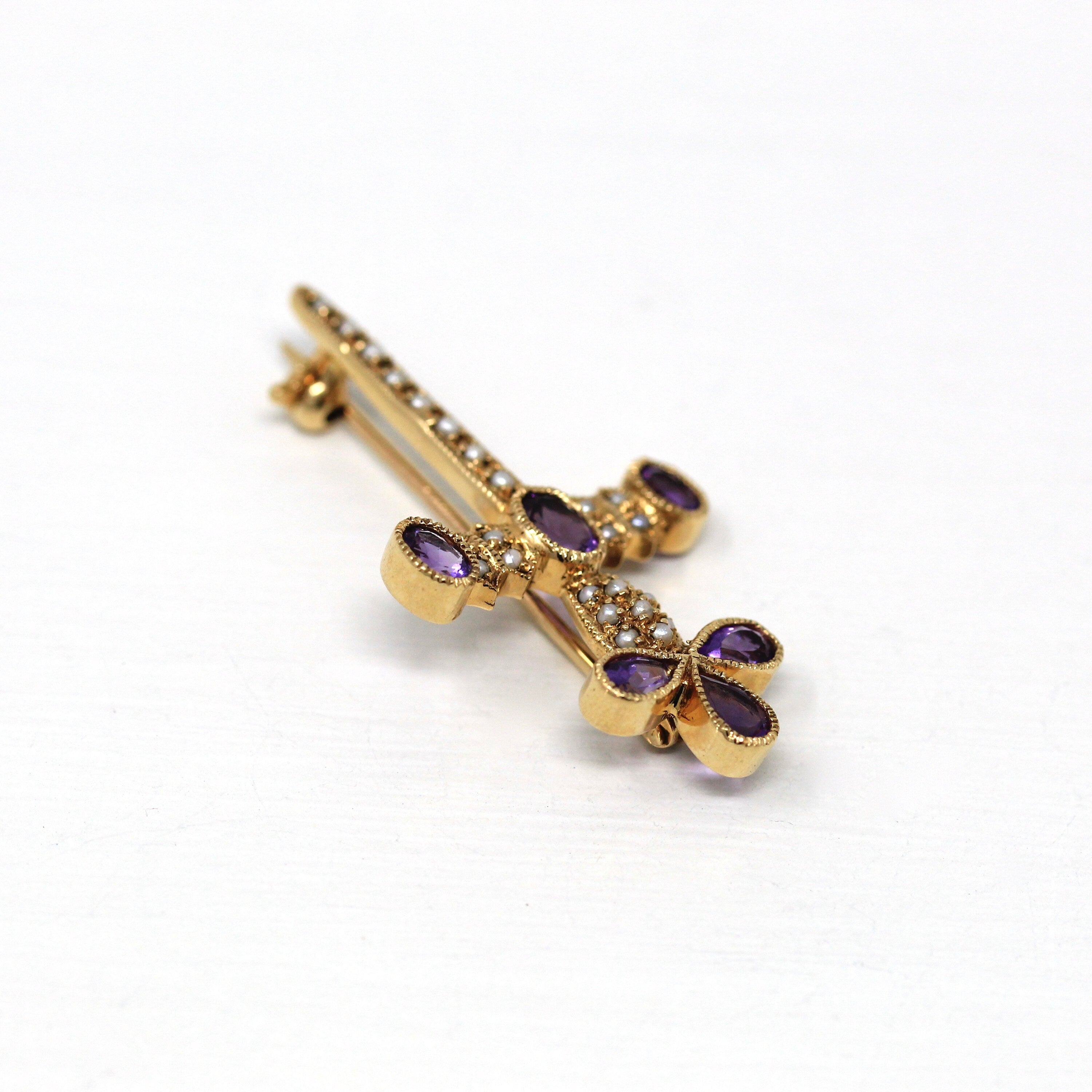 Sale - Genuine Amethyst Brooch - Retro 14k Yellow Gold Seed Pearl Cross Sword Pin - Vintage Circa 1960s Statement Fashion Accessory Jewelry