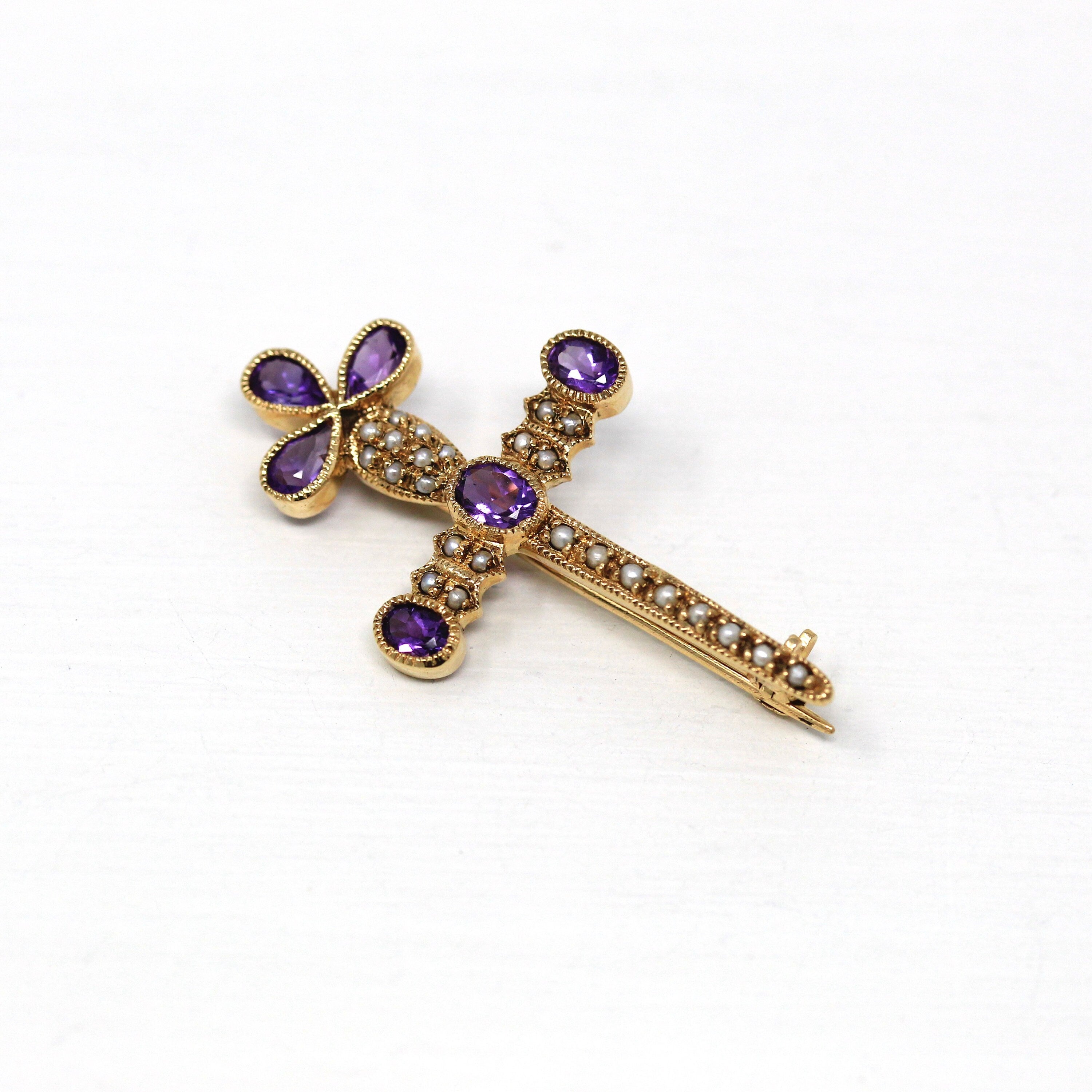 Sale - Genuine Amethyst Brooch - Retro 14k Yellow Gold Seed Pearl Cross Sword Pin - Vintage Circa 1960s Statement Fashion Accessory Jewelry