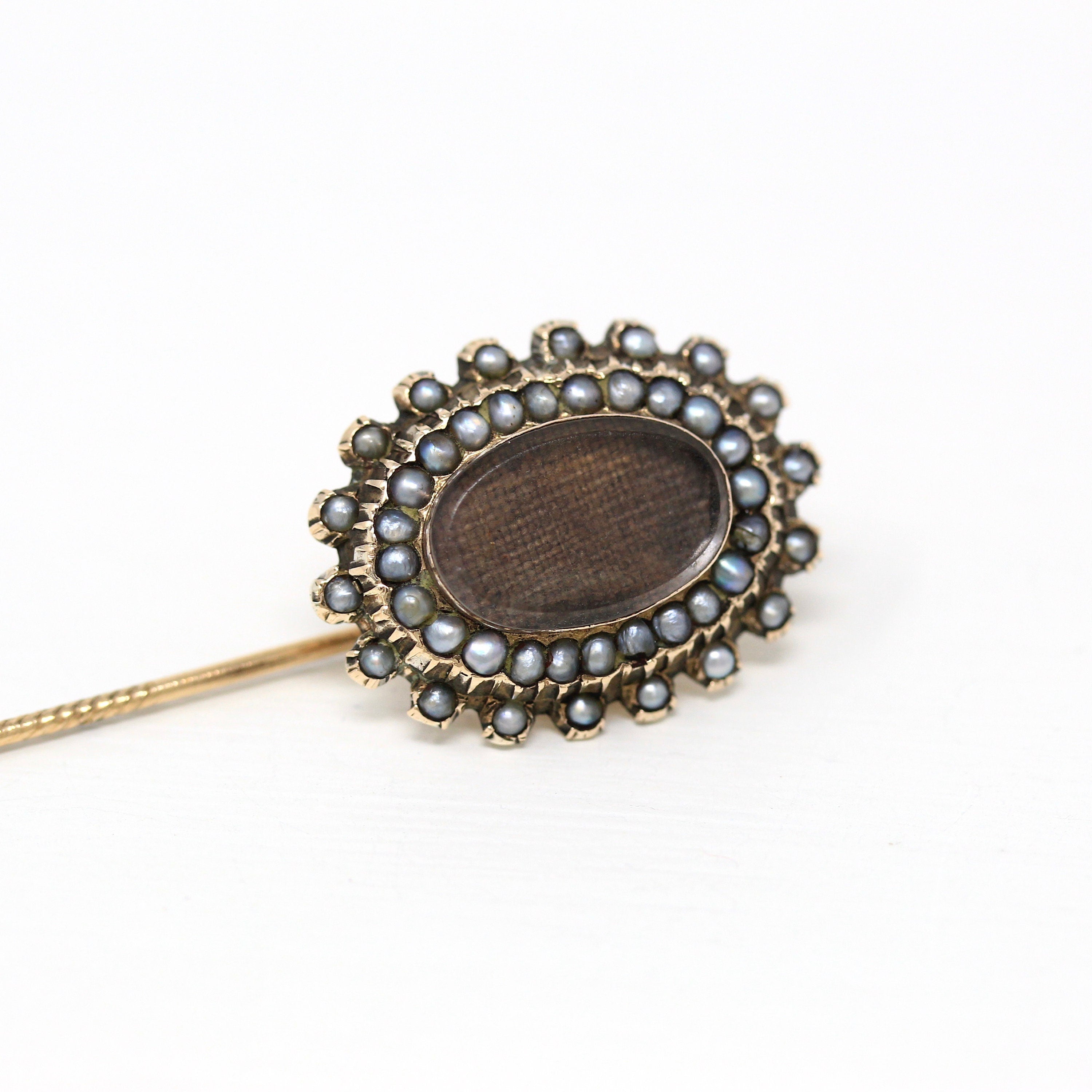 Antique Stick Pin - Victorian 10k Yellow Gold Seed Pearl Woven Brown Hair - Vintage Circa 1890s Era Fashion Accessory Fine Neckwear Jewelry