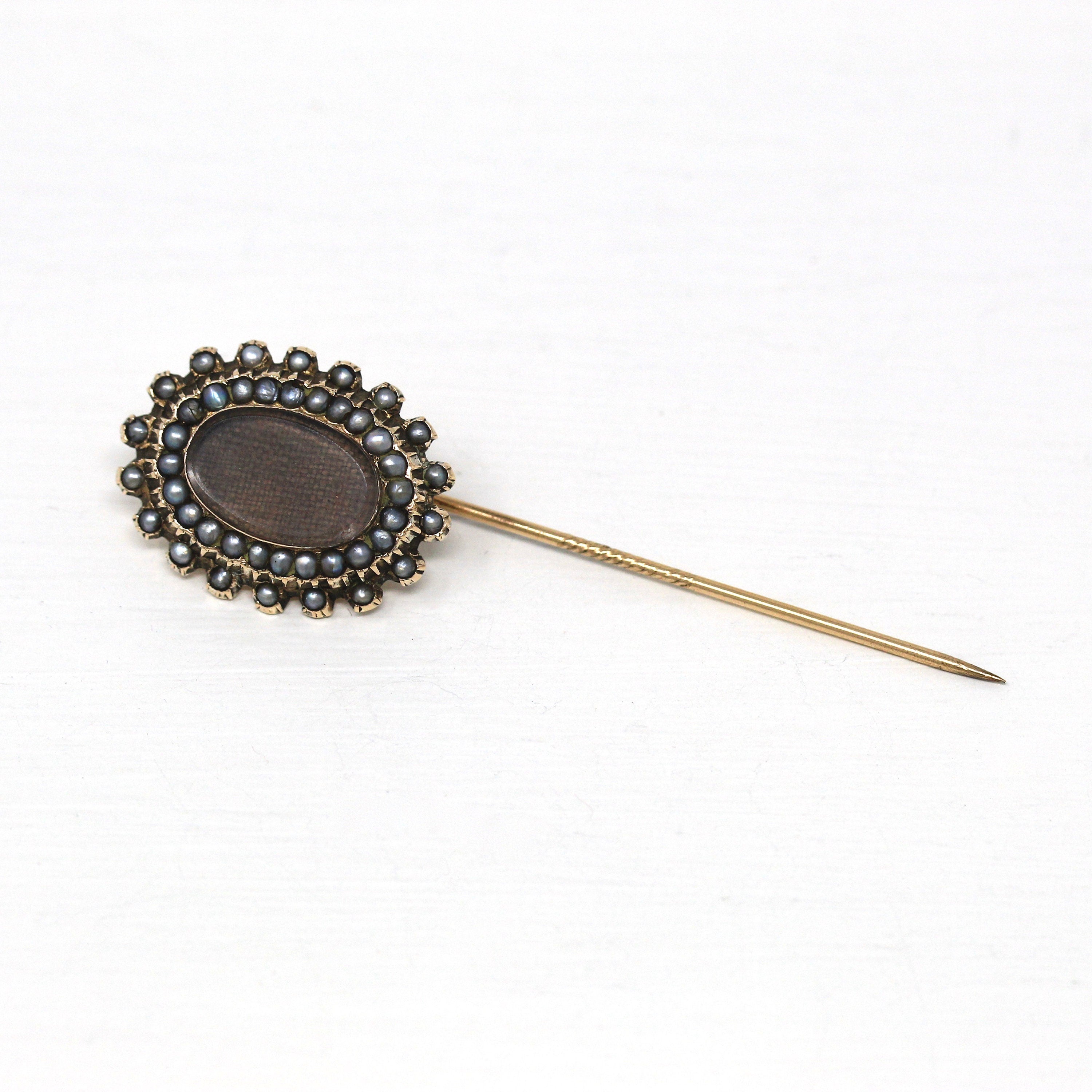 Antique Stick Pin - Victorian 10k Yellow Gold Seed Pearl Woven Brown Hair - Vintage Circa 1890s Era Fashion Accessory Fine Neckwear Jewelry