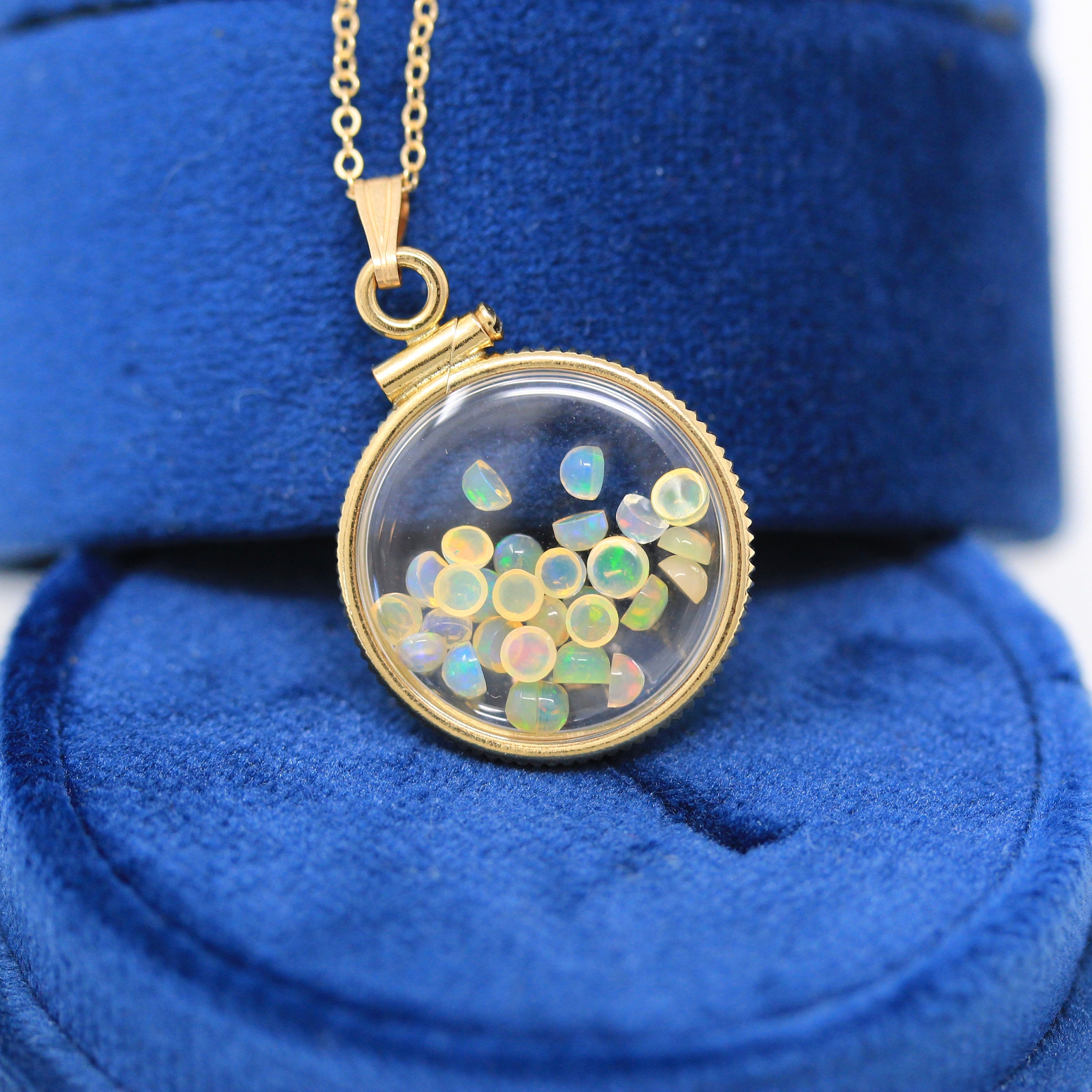 Opal Shaker Locket - Handcrafted 14k Yellow Gold Filled Lucite Pendant Necklace Charm - October Birthstone Genuine 1.5 CTW Gemstones Jewelry