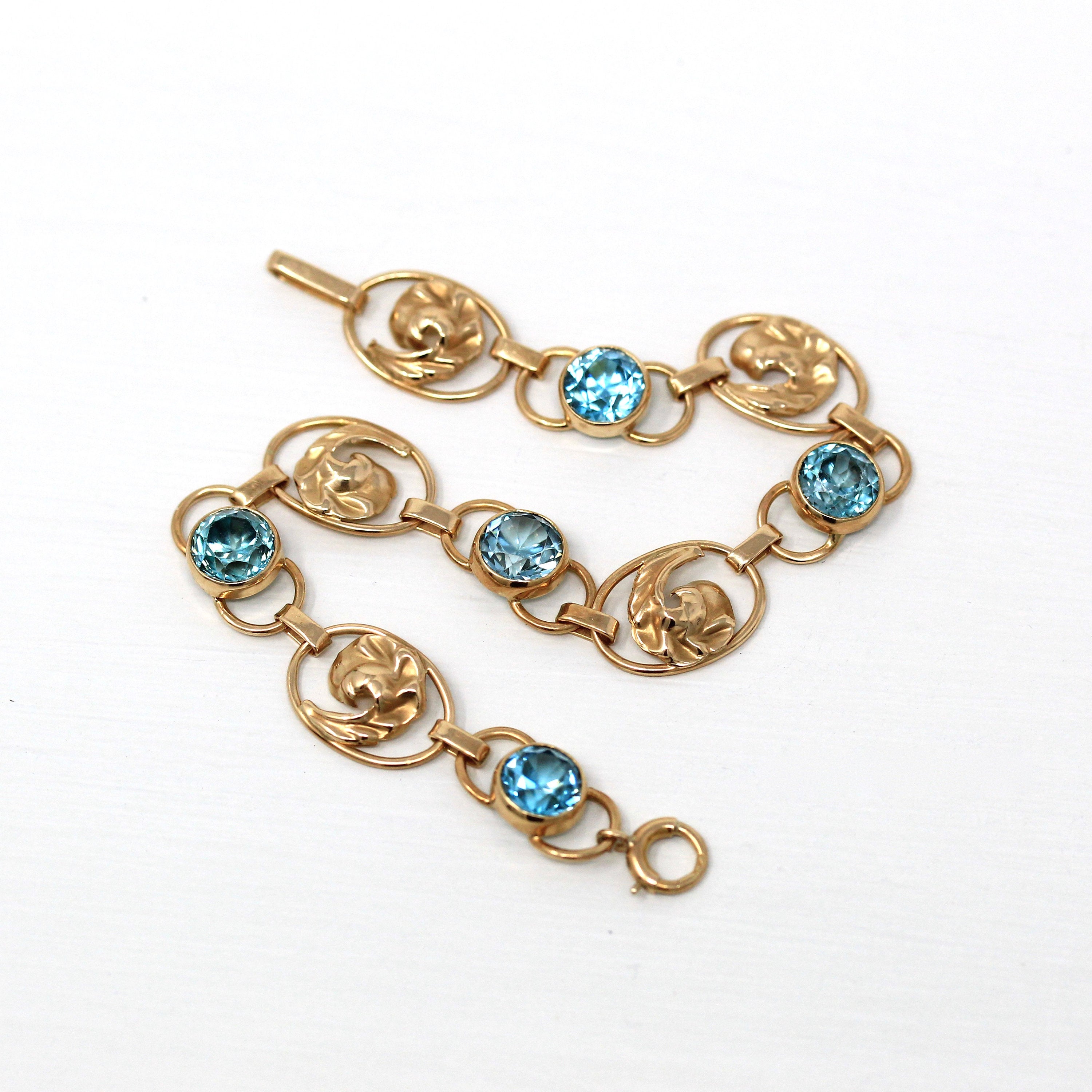 Genuine Zircon Bracelet - Retro 14k Yellow Gold Round Faceted Blue 6.05 CTW Gemstones - Vintage Circa 1940s Era Leaf Motifs Fine 40s Jewelry