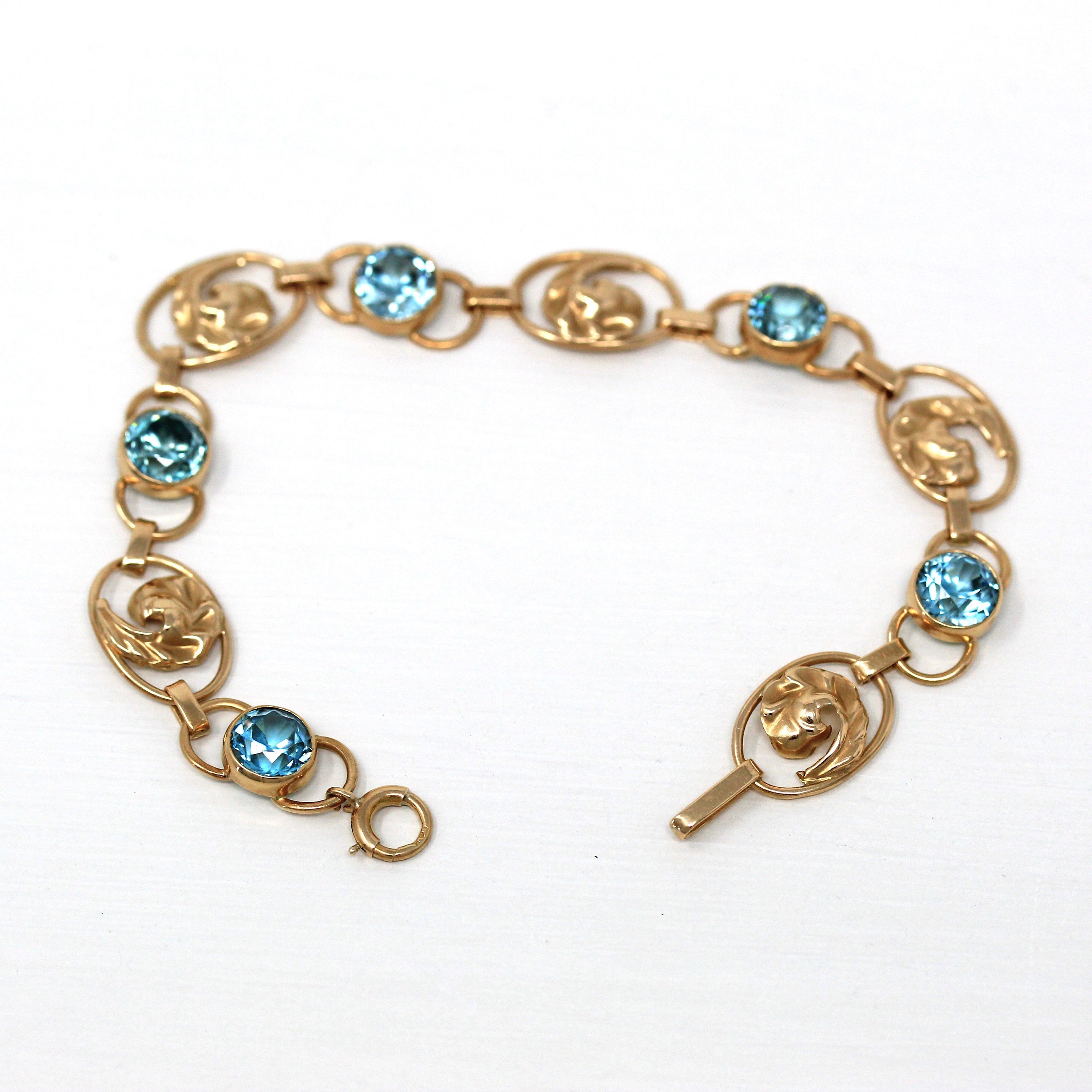 Genuine Zircon Bracelet - Retro 14k Yellow Gold Round Faceted Blue 6.05 CTW Gemstones - Vintage Circa 1940s Era Leaf Motifs Fine 40s Jewelry