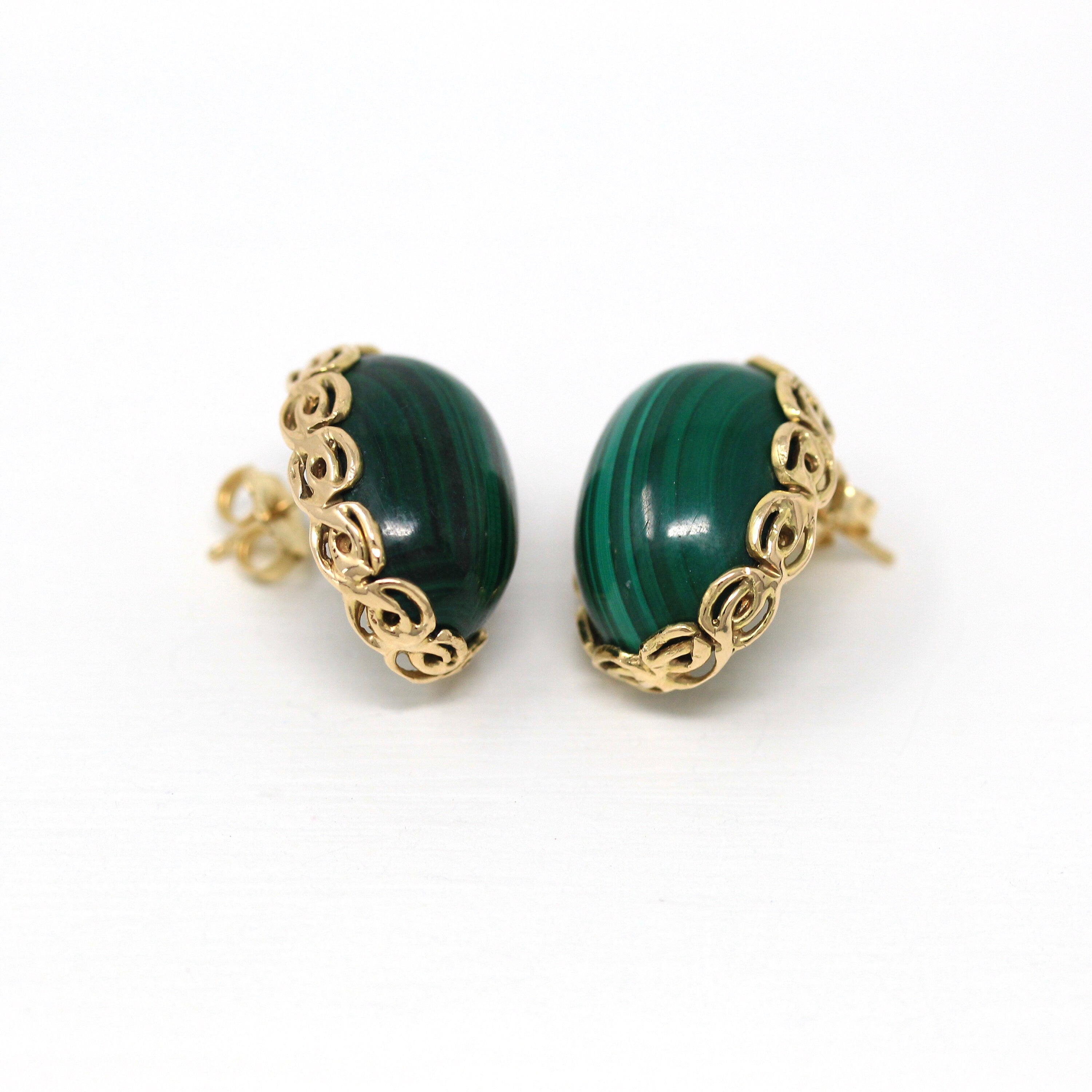 Sale - Gold Malachite Earrings - Vintage 14k Yellow Gold Genuine Green Gemstone Cabochons - Circa 1980s Era Studs Fine Statement 80s Jewelry