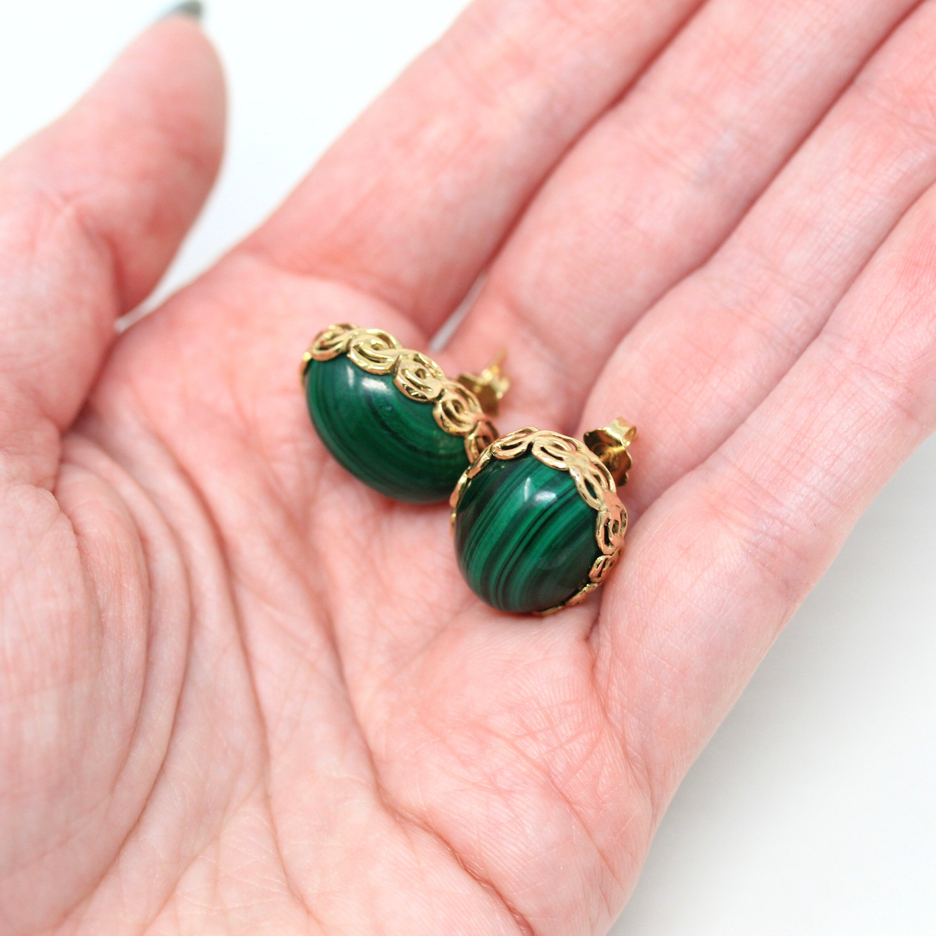 Sale - Gold Malachite Earrings - Vintage 14k Yellow Gold Genuine Green Gemstone Cabochons - Circa 1980s Era Studs Fine Statement 80s Jewelry