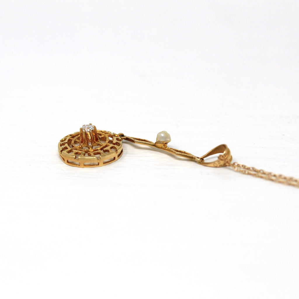 Antique Lavalier Necklace - Edwardian 14k Yellow Gold Genuine .04 CT Diamond Gem Pendant Charm - Circa 1910s Era Baroque Pearl Fine Jewelry