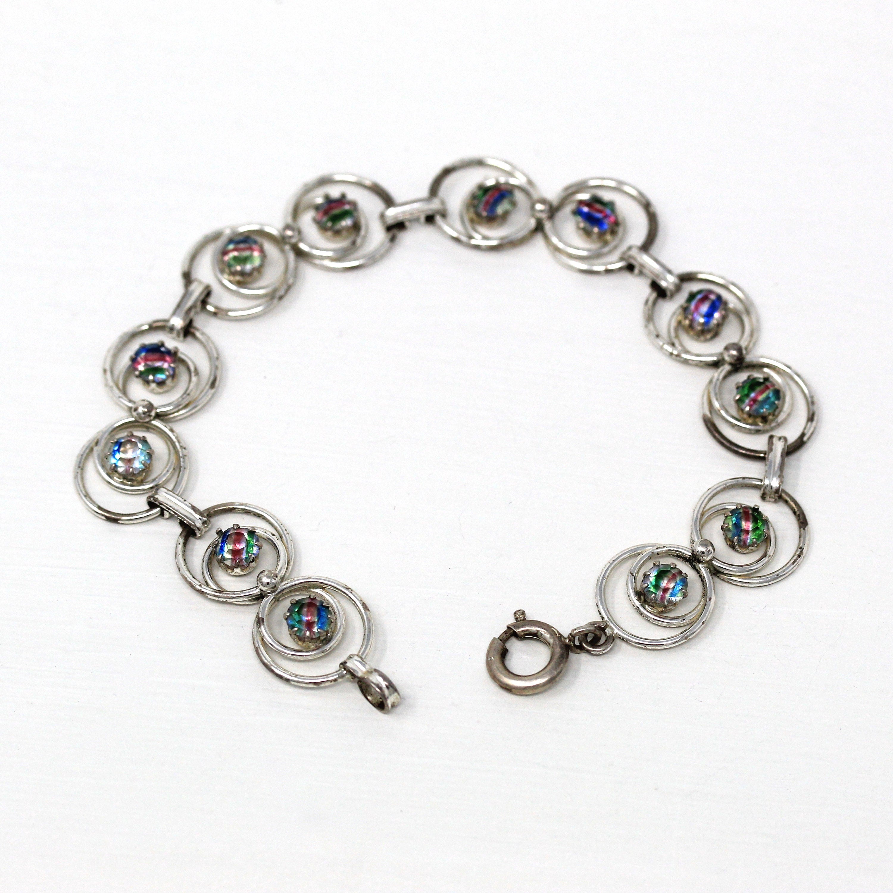 Vintage Iris Glass Bracelet - Retro Silver Tone Rainbow Art Glass Faceted Stones - Vintage Circa 1940s Era Fashion Accessory Jewelry