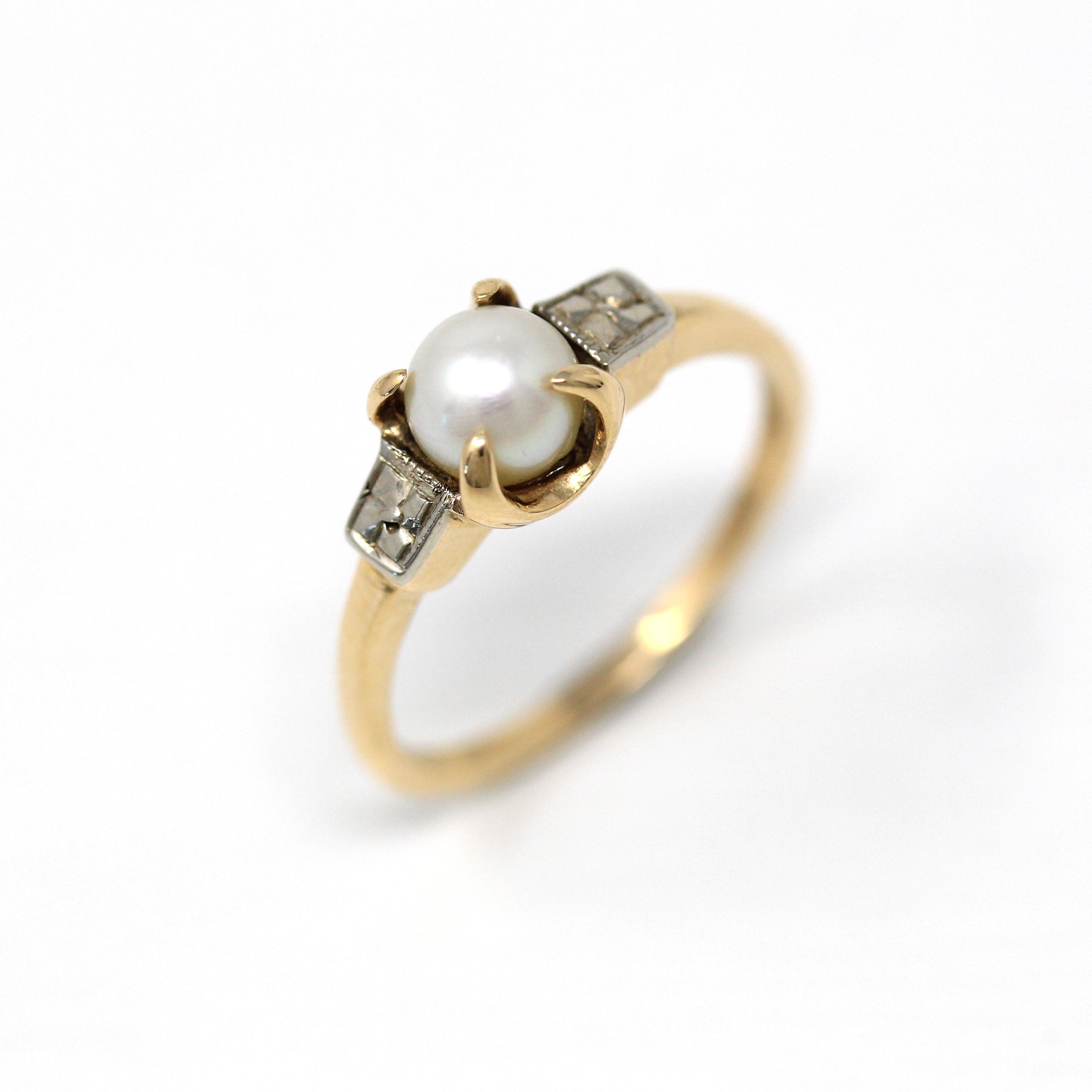 Cultured Pearl Ring - Retro Era 10k Yellow & White Gold Gem - Vintage Circa 1940s Size 5 3/4 June Birthstone Flower Two Tone Fine Jewelry