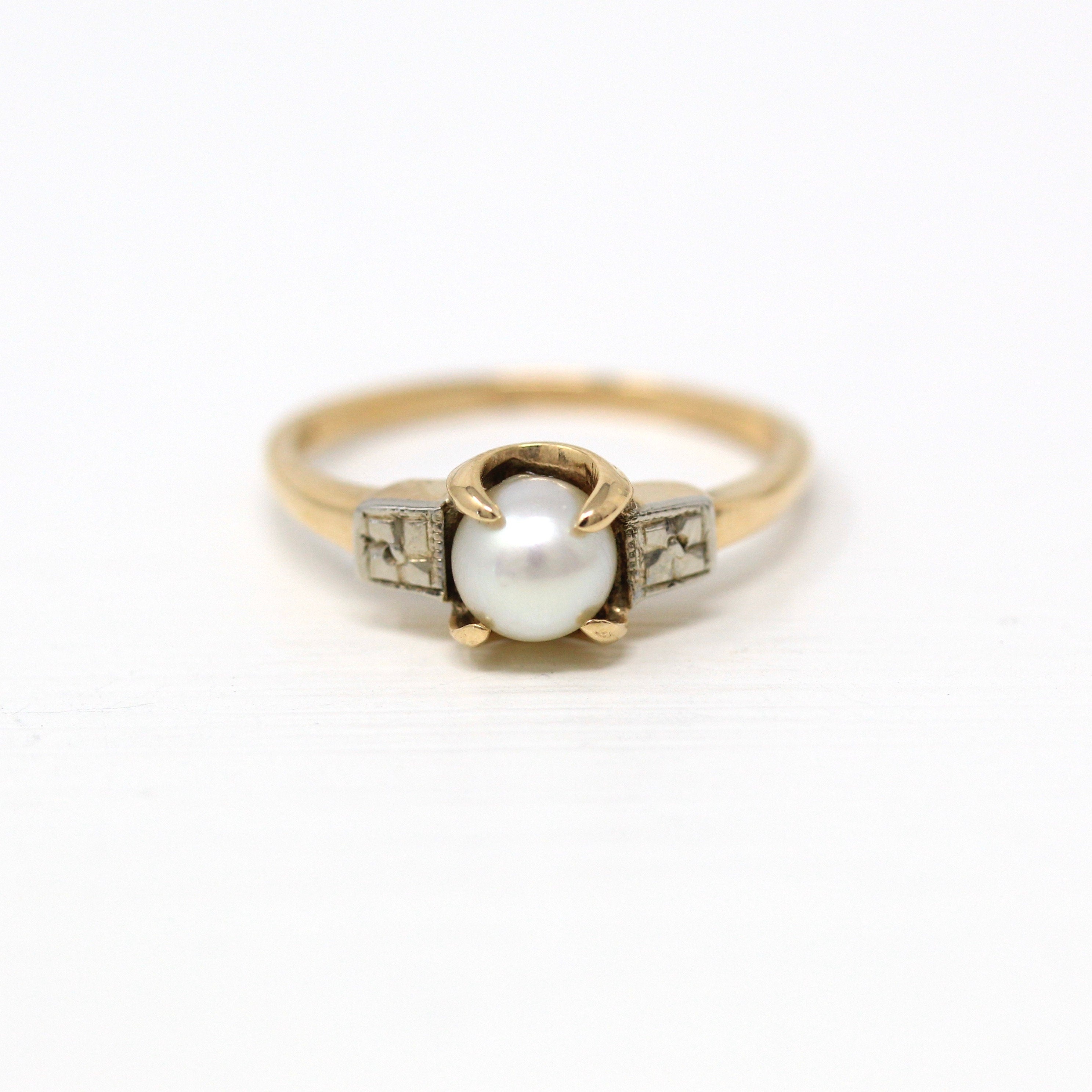 Cultured Pearl Ring - Retro Era 10k Yellow & White Gold Gem - Vintage Circa 1940s Size 5 3/4 June Birthstone Flower Two Tone Fine Jewelry