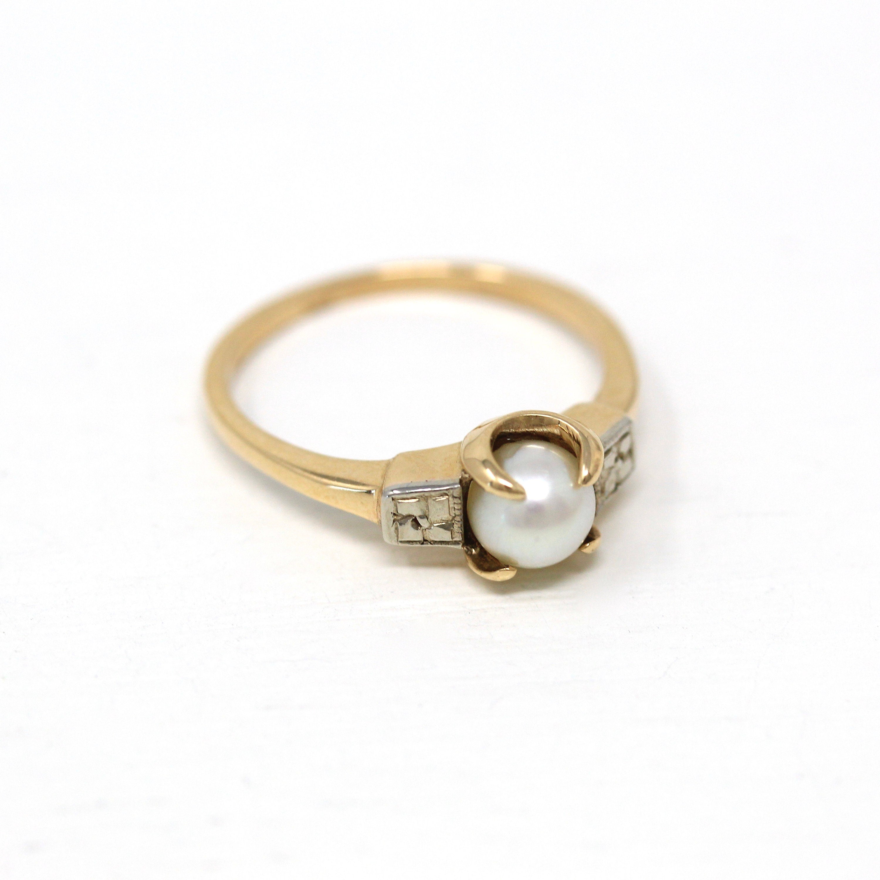 Cultured Pearl Ring - Retro Era 10k Yellow & White Gold Gem - Vintage Circa 1940s Size 5 3/4 June Birthstone Flower Two Tone Fine Jewelry