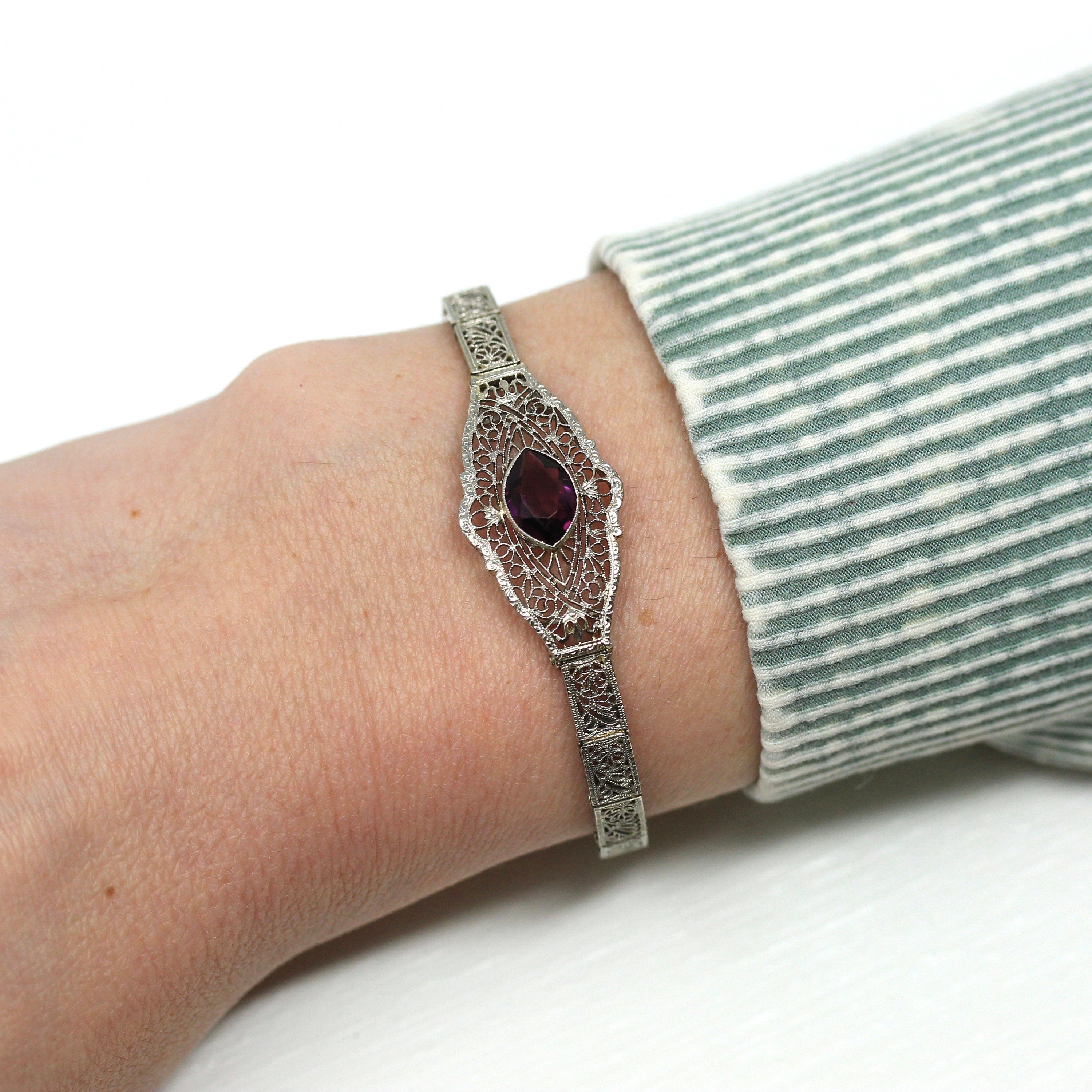 Art Deco Bracelet - Antique 10k White Gold Filigree Simulated Amethyst Purple Glass Stone - Vintage Circa 1920s Era Wedding Fine 20s Jewelry