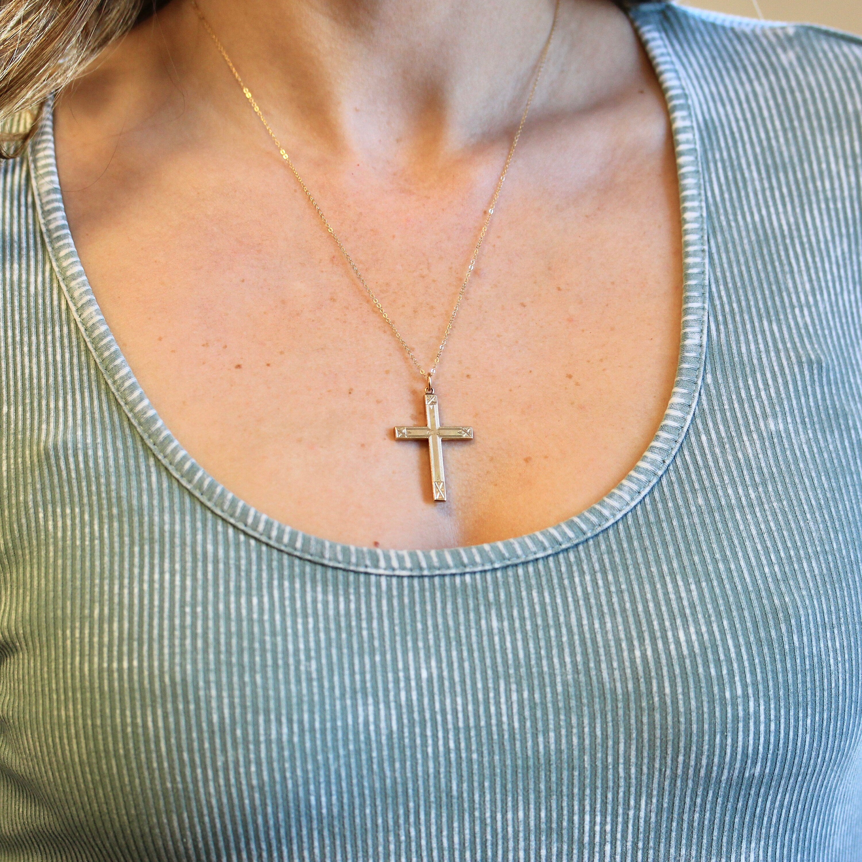 Vintage Cross Necklace - Retro Gold Filled Engraved Initials "K.S." Designs Pendant Charm - Circa 1940s Era Religious Faith 40s Jewelry