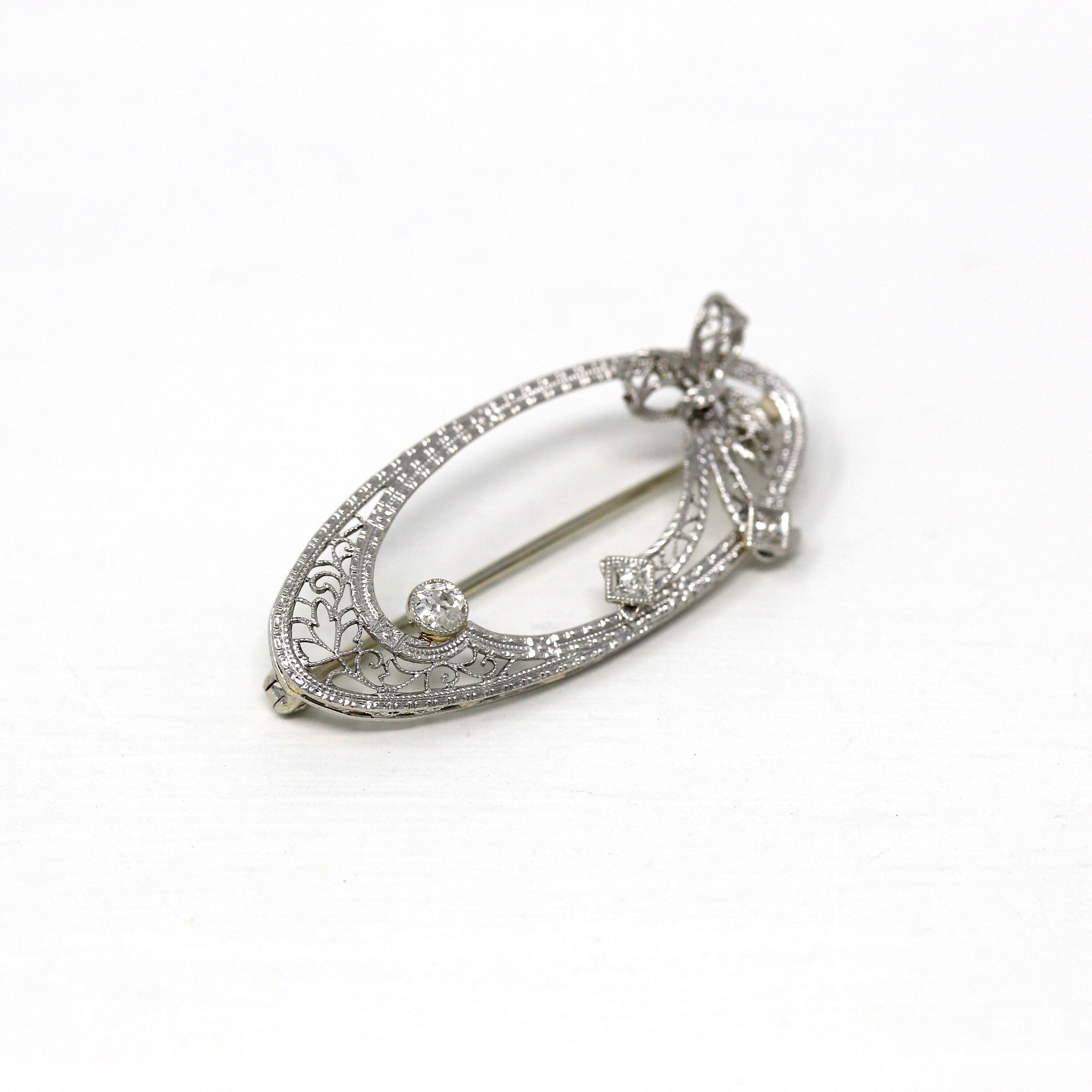 Antique Bow Brooch - Art Deco 14k White Gold Old Cut .12 CTW Diamonds Filigree Ribbon Pin - Vintage Circa 1920s Era Oval Fine 20s Jewelry