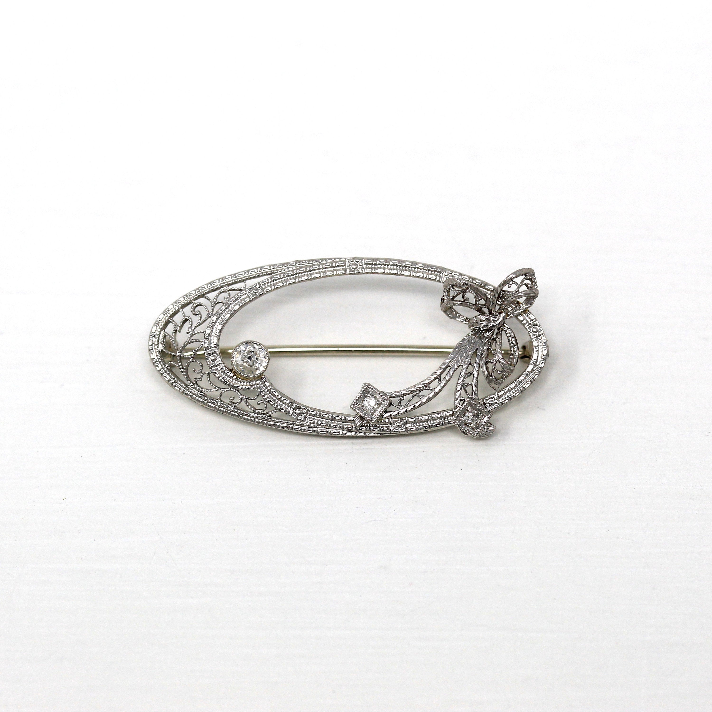 Antique Bow Brooch - Art Deco 14k White Gold Old Cut .12 CTW Diamonds Filigree Ribbon Pin - Vintage Circa 1920s Era Oval Fine 20s Jewelry