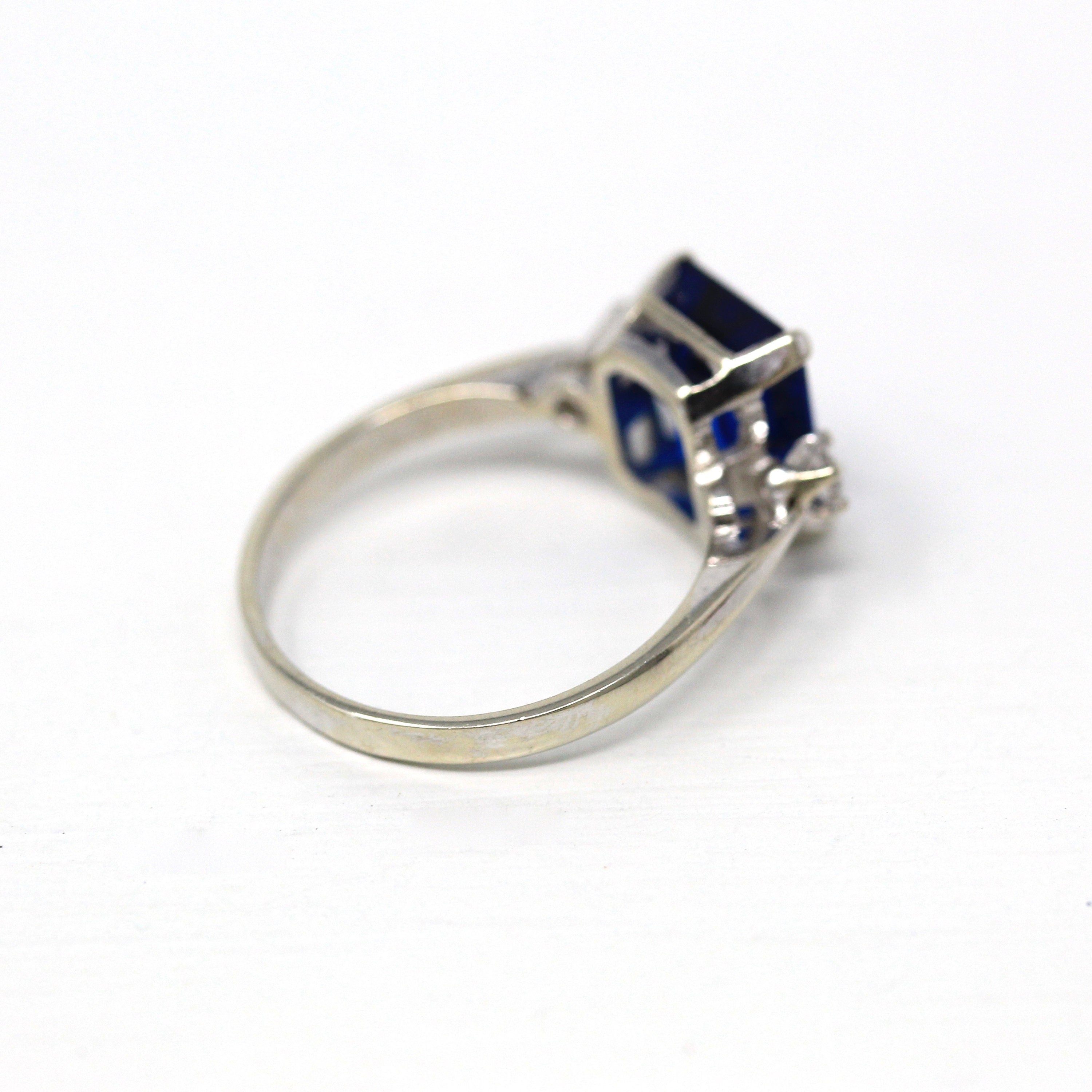 Three Stone Ring - Retro 14k White Gold Rectangular Faceted 3.69 CT Blue Stone - Vintage 1960s Era Size 6.5 Created Spinel Fine 60s Jewelry