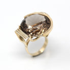 Sale - Smoky Quartz Ring - Modernist Style 14k Yellow Gold Faceted 30.64 CT Brown Gem - Vintage Circa 1980s Size 5 1/4 Statement 80s Jewelry