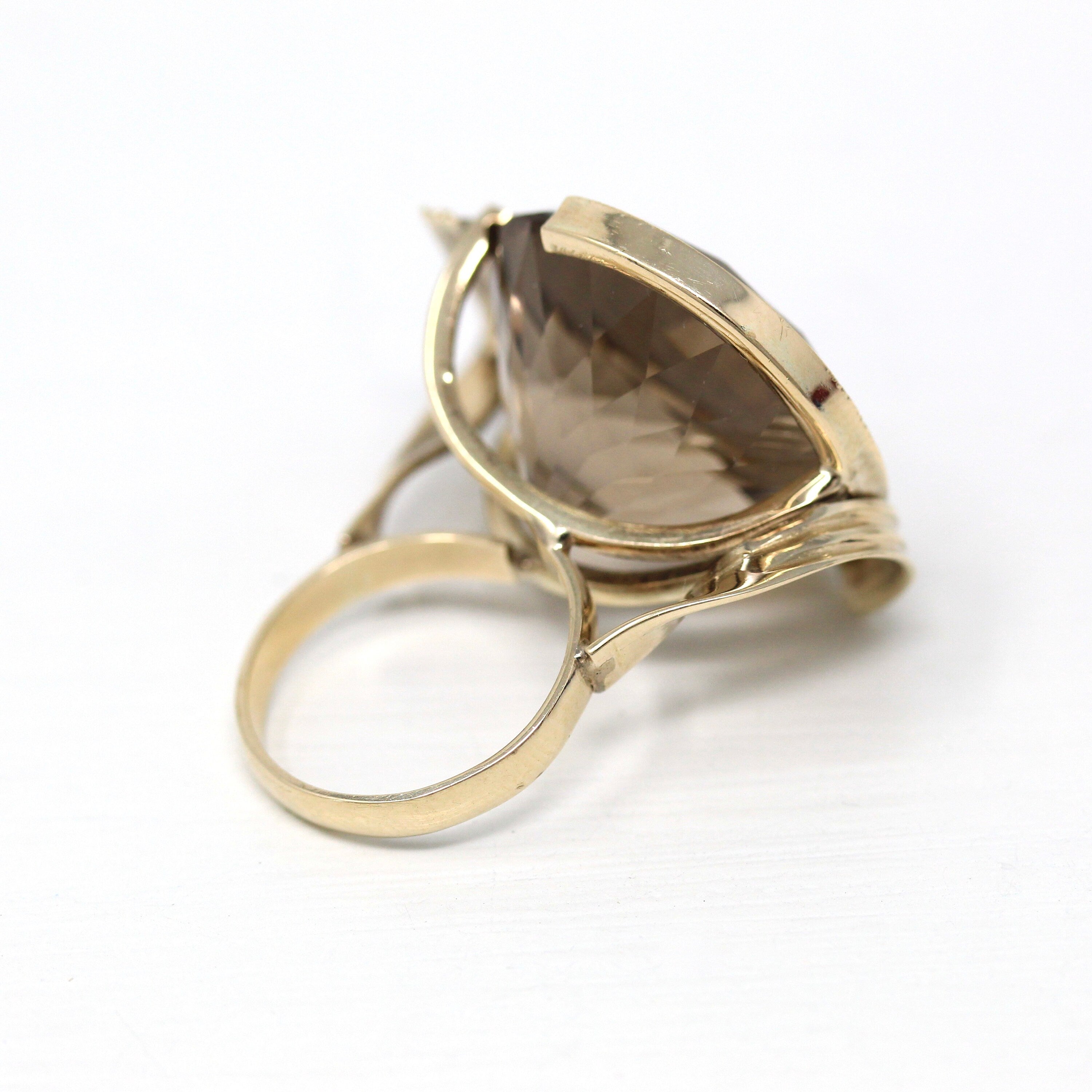 Sale - Smoky Quartz Ring - Modernist Style 14k Yellow Gold Faceted 30.64 CT Brown Gem - Vintage Circa 1980s Size 5 1/4 Statement 80s Jewelry