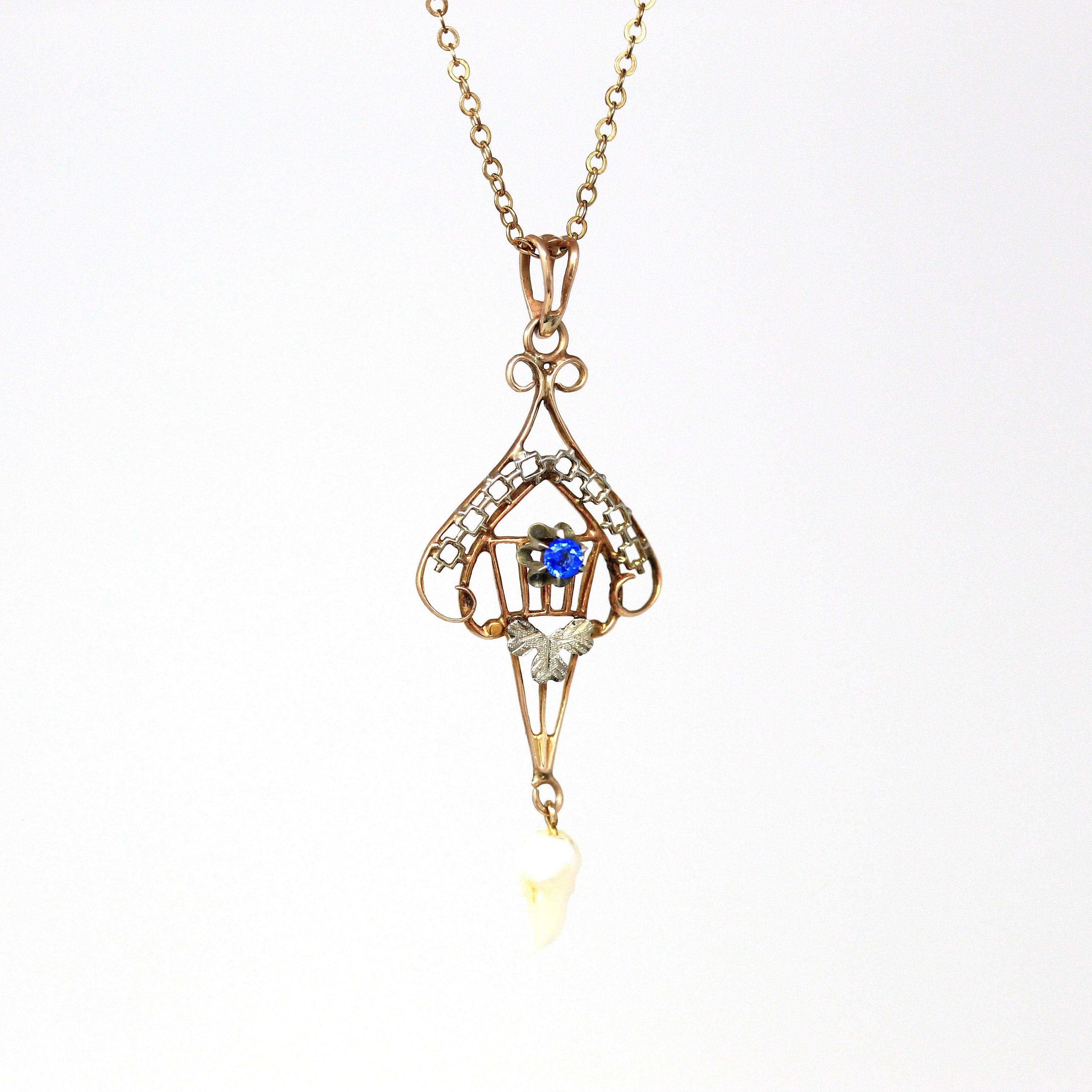 Sale - Antique Lavalier Necklace - Edwardian 10k Yellow Gold Baroque Pearl Pendant - Circa 1910s Simulated Sapphire Blue Glass Fine Jewelry