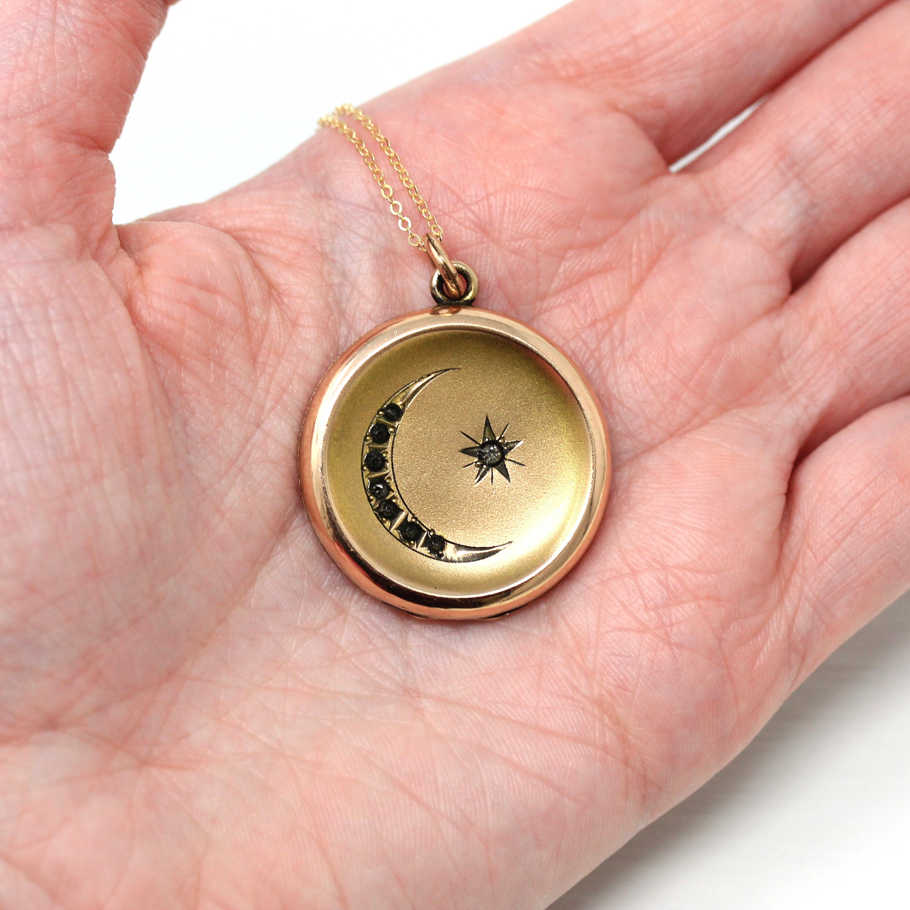 Sale Star Moon Locket Antique Gold Filled Rhinestones Pendant Necklace Charm Edwardian 1900s Era Celestial Crescent Photo Jewelry