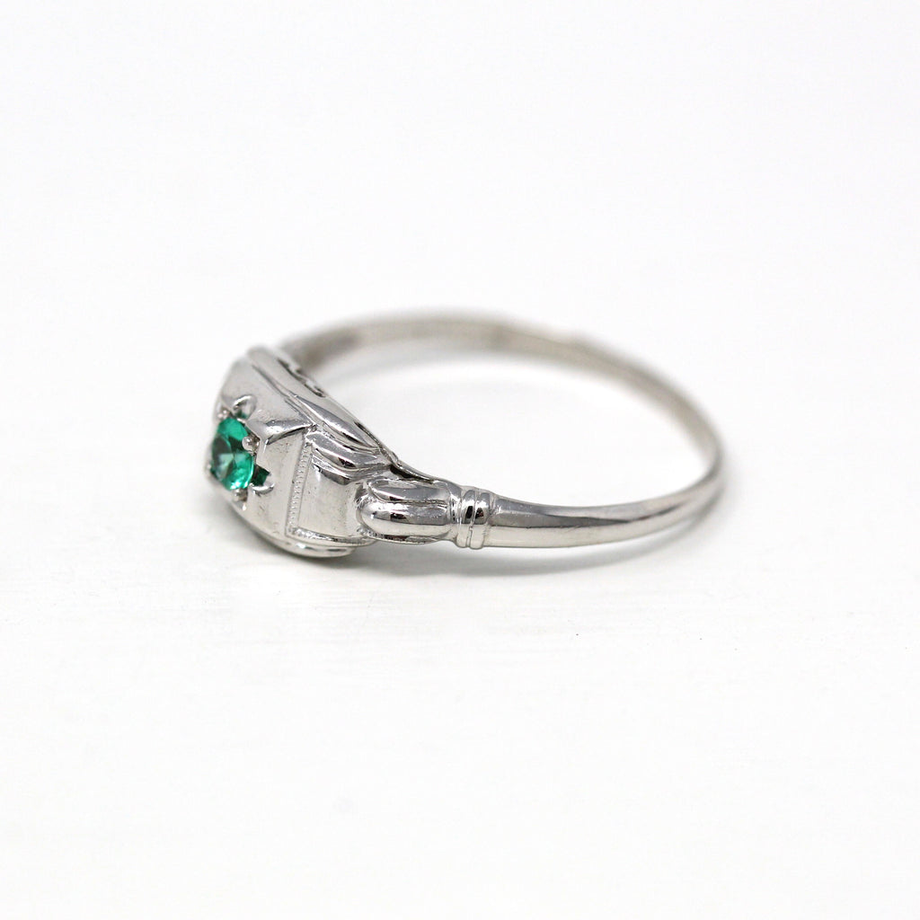 Genuine Emerald Ring - Mid Century 14k White Gold Round Faceted .07 CT Green Gemstone - Vintage Circa 1950s Era Size 6 Fine 50s Gem Jewelry