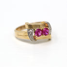 Created Ruby Ring - Vintage Retro Era 10k Yellow & White Gold Two Tone - Circa 1940s Toi Et Moi Size 5 3/4 July Birthstone 40s Fine Jewelry