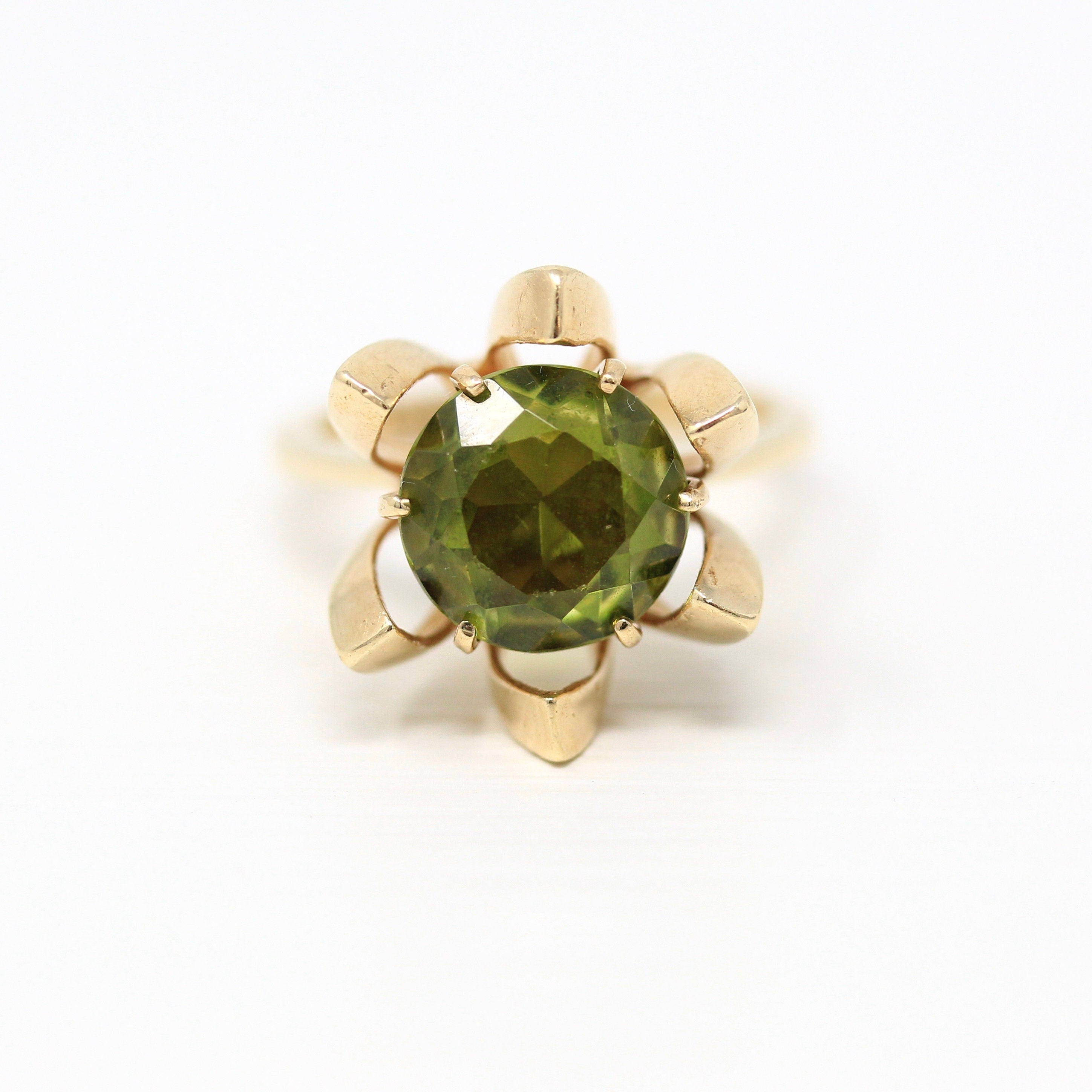 Created Spinel Ring - Retro 10k Yellow Gold Flower Statement 5.47 CT Engraved Irene Love Mom - Vintage Dated 1970 Size 6 1/2 Fine Jewelry