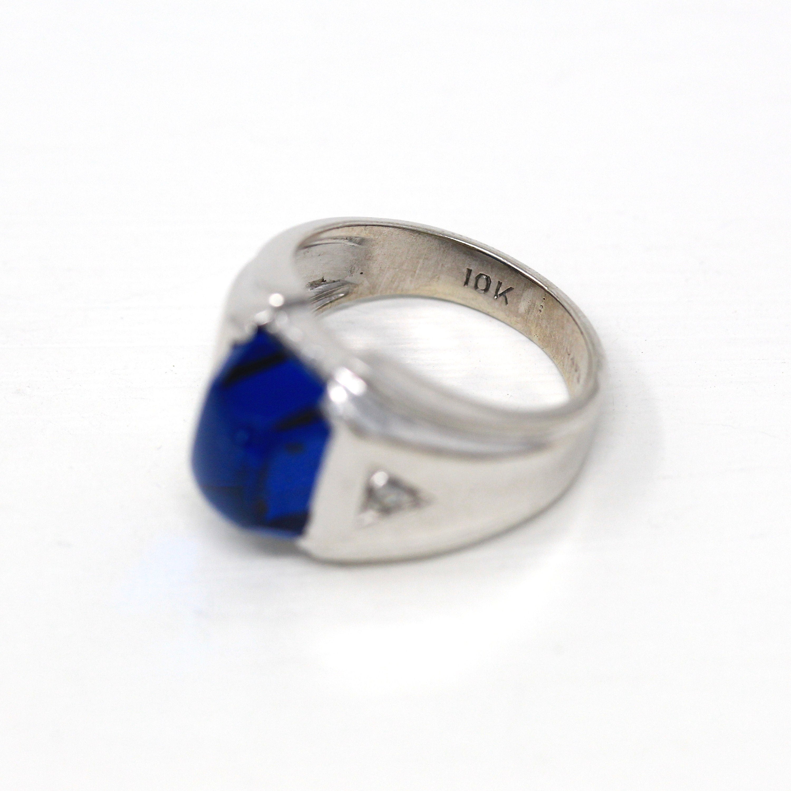 Created Spinel Ring - Retro 10k White Gold Sugarloaf Cut Cobalt Blue Stone - Vintage Circa 1960s Era Size 5 1/4 Statement Fine 60s Jewelry